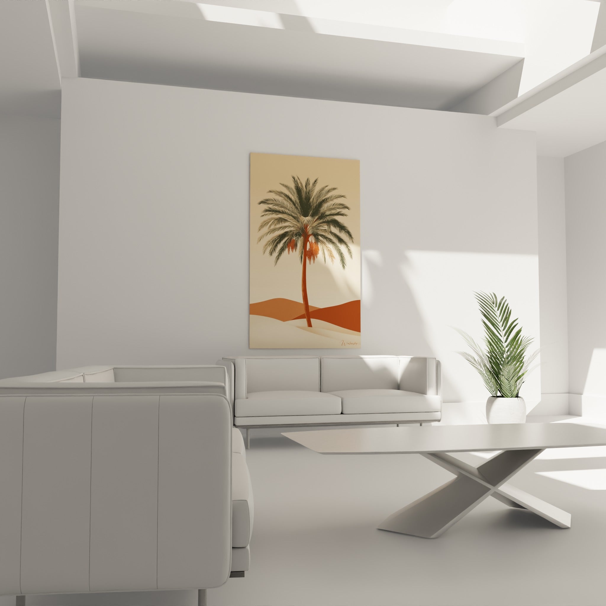 Dattes rouille suspendues sous les palmes vertes d'un tableau désertique au-dessus d'un canapé dans un salon lumineux