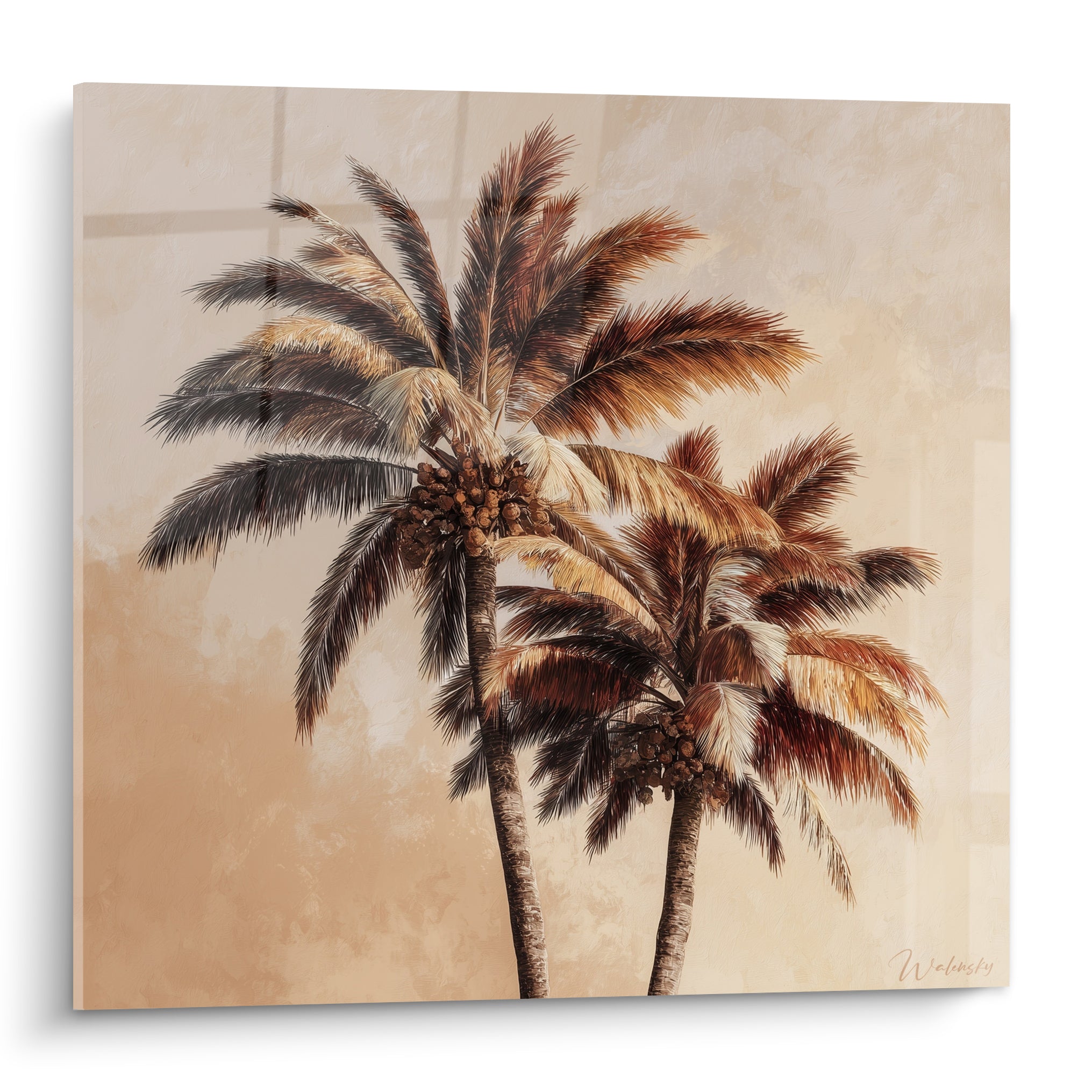 Palmiers dattiers ocre et brun aux palmes détaillées sur fond sable texturé, style peinture réaliste