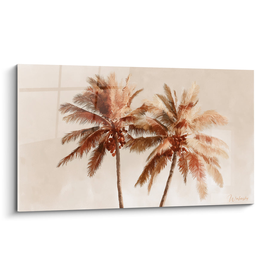 Tableau Palmiers beige et terracotta aux noix de coco groupées - Duo monochrome délavé - Edition Palmier
