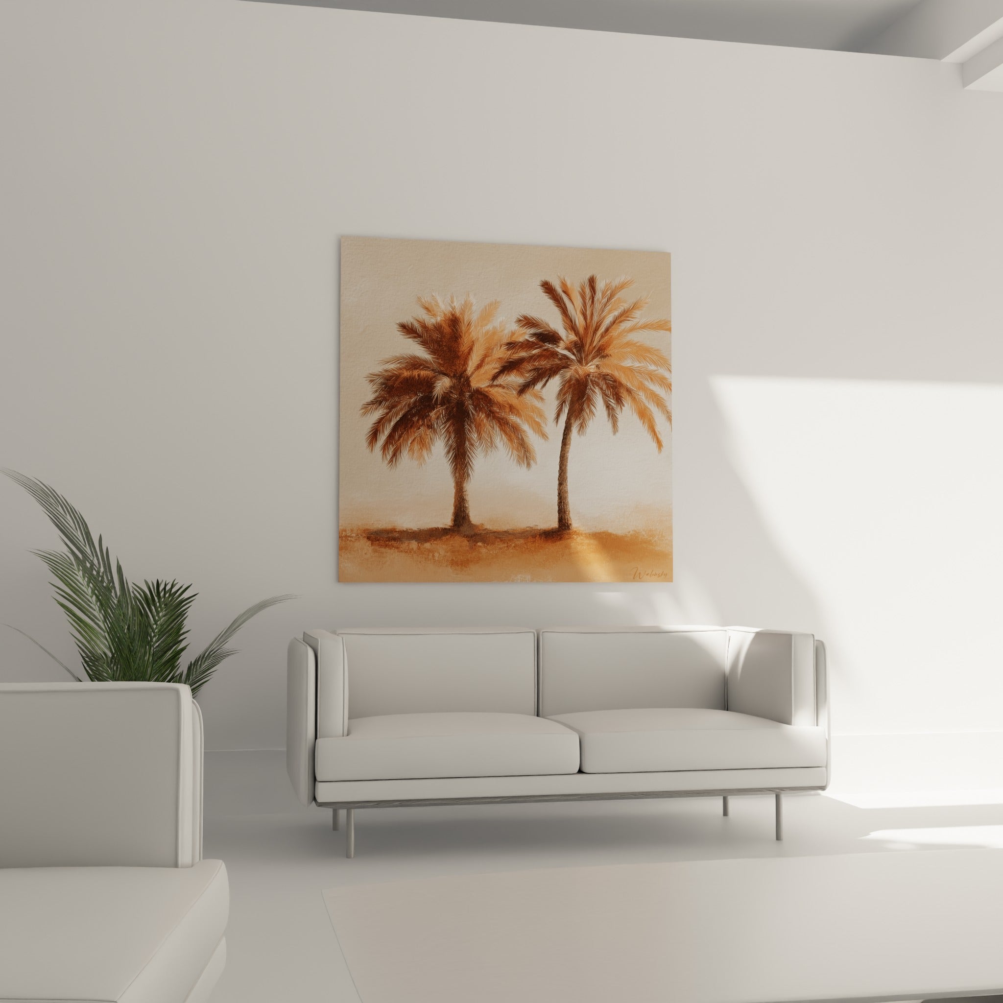 Palmiers ocre et beige sable, troncs élancés, positionnés au-dessus d'un canapé dans un salon lumineux