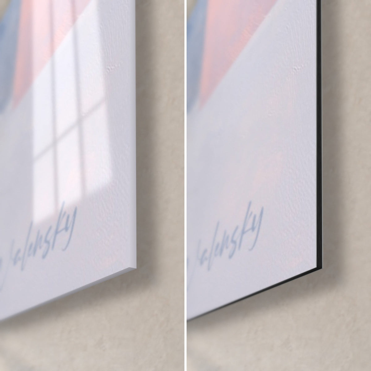Wall art of pastel palm trees, bottom right corner: glossy glass on the left, matte grey-blue Dibond on the right, Walensky signature, black edge