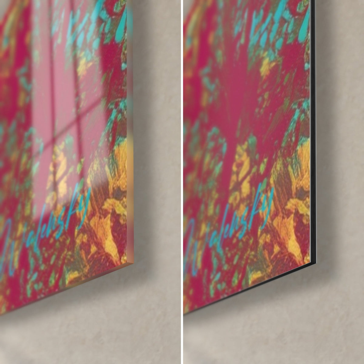 Schilderij met fuchsia en gouden palmboom, rechterbenedenhoek van glanzend acrylglas met reflecties en mat Dibond, rand van 3 mm