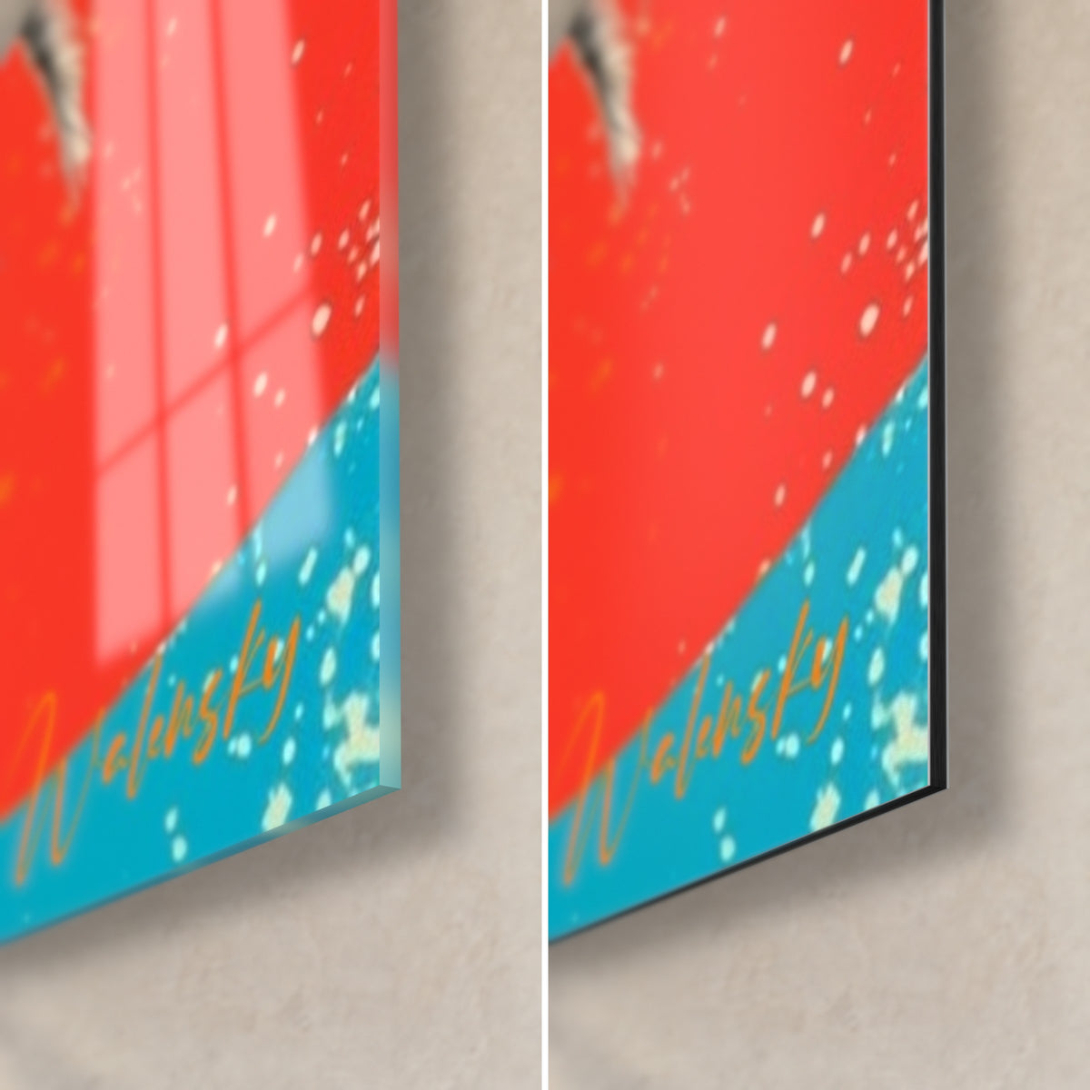 Obraz palma w stylu pop art, dolny prawy róg: błyszczące szkło akrylowe z refleksami, matowy Dibond, czerwone i turkusowe plamy, krawędź 3 mm