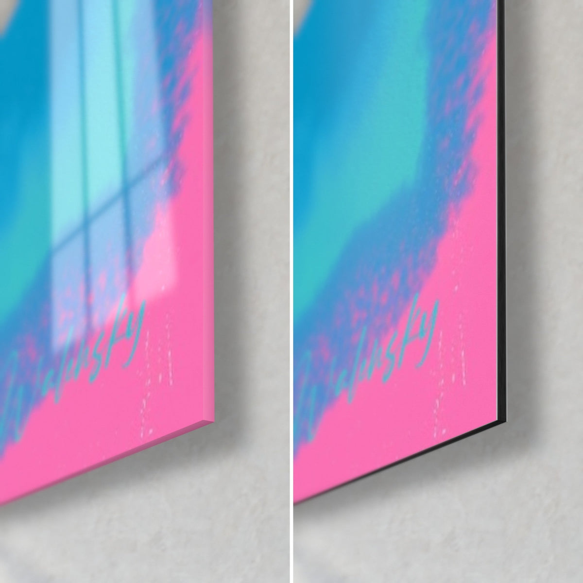 Quadro palma tropicale in serigrafia, angolo in basso a destra fucsia e blu, vetro lucido e Dibond opaco, spessore 3 mm