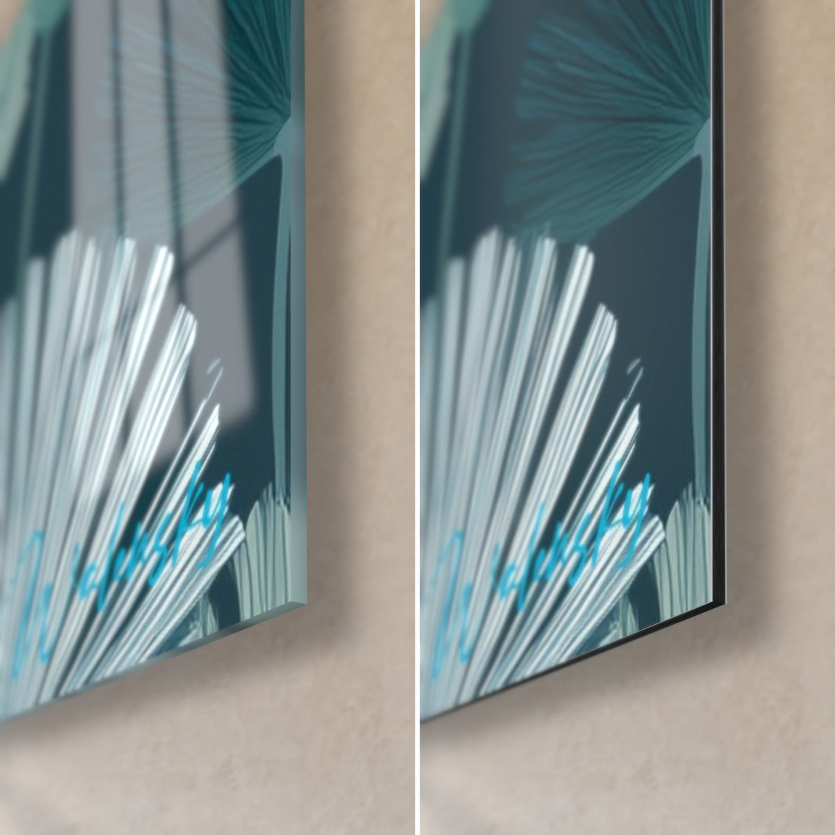 Wall art with stylised sage green and ochre ginkgo leaves, bottom right corner, glossy glass on the left, matte Dibond aluminium on the right, 3 mm edge