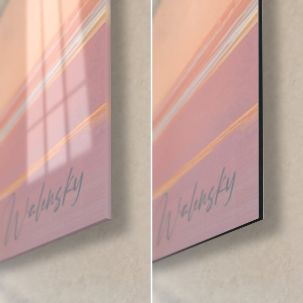 Quadro palme su fondo rosa e pesca, angolo in basso a destra: vetro acrilico lucido a sinistra, Dibond nero opaco a destra, firma