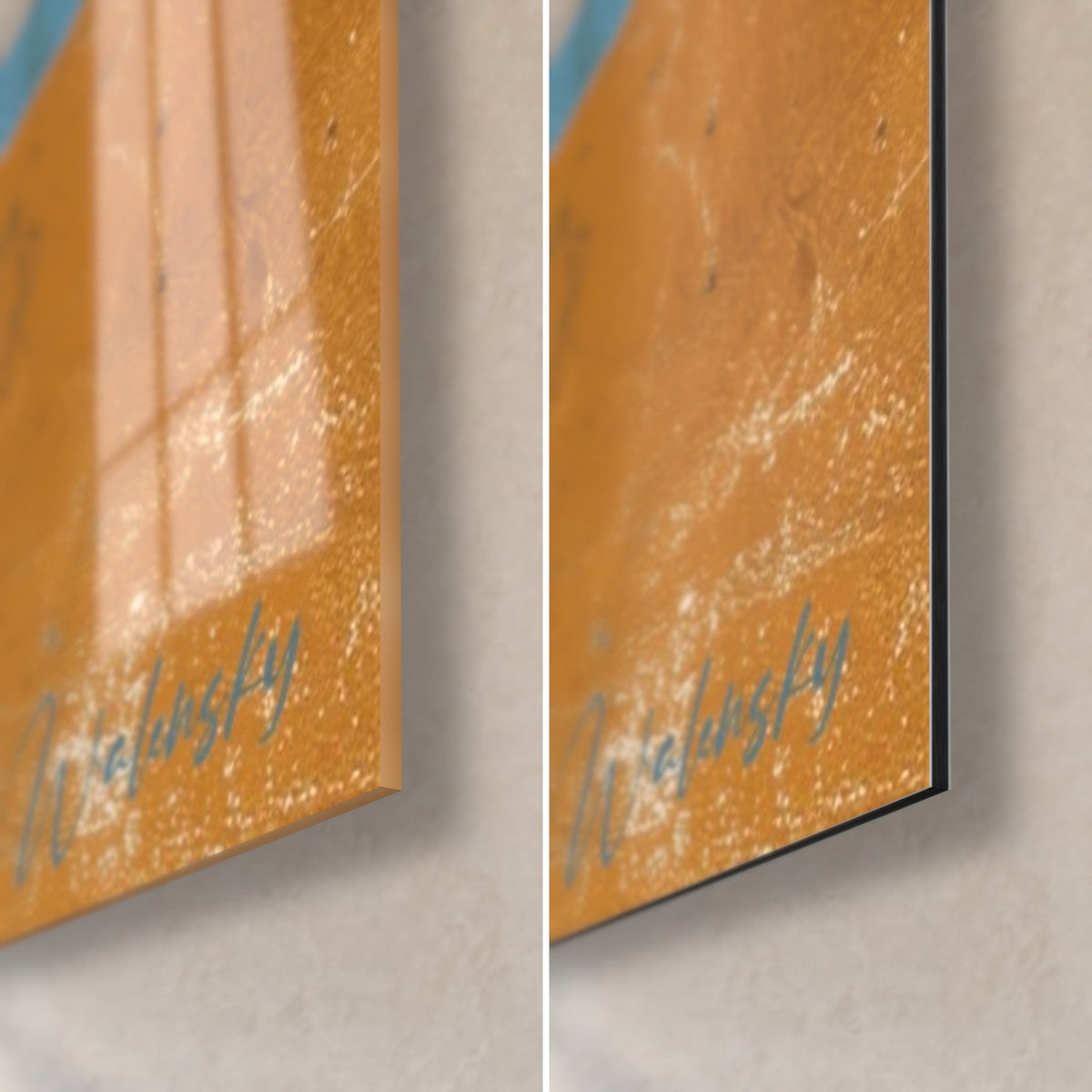 Wall art black palm tree, bottom right corner: glossy acrylic glass reflecting the window, matte Dibond aluminium, ochre and blue signature