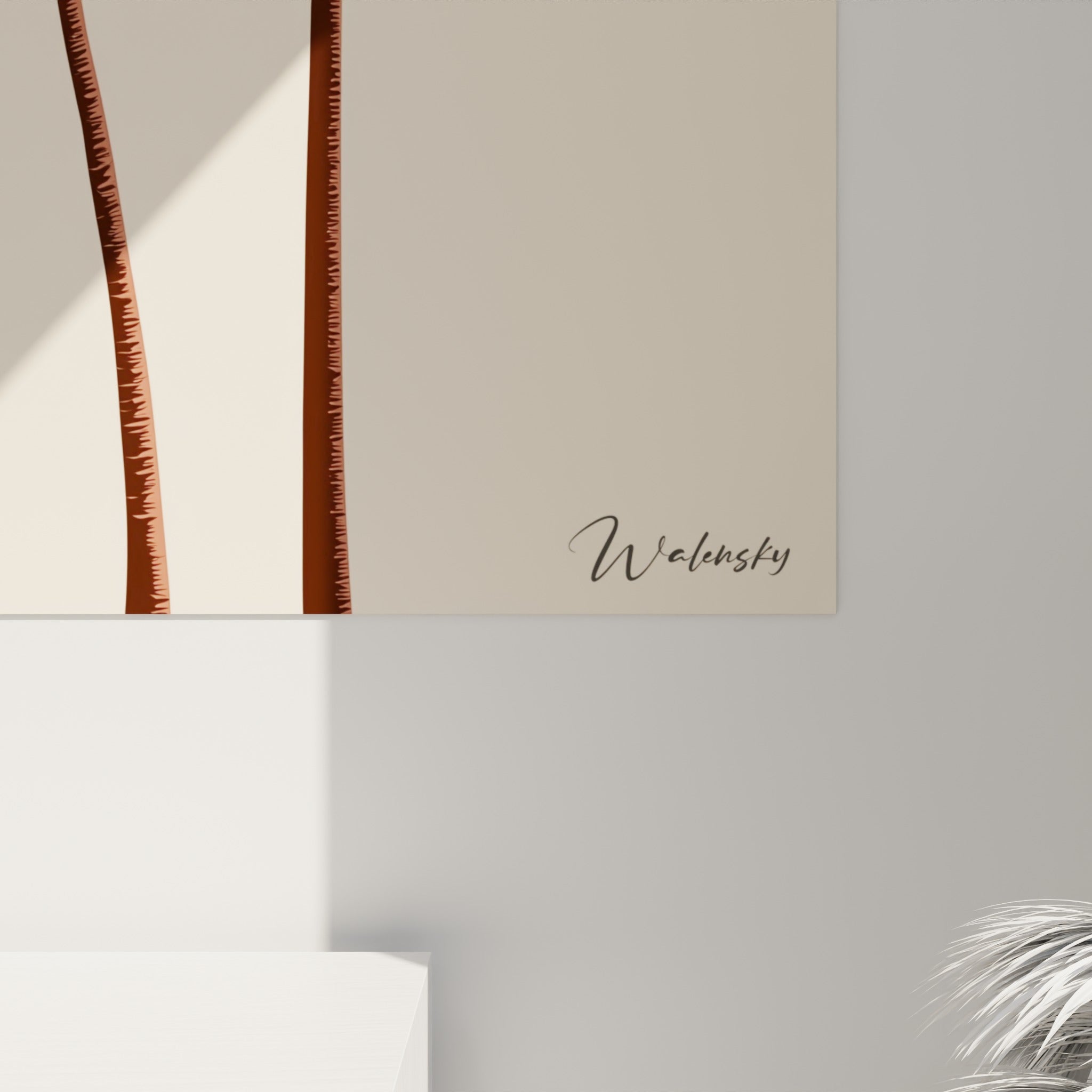 Détail des palmes brunes et du disque terracotta révélant la texture nette de l'impression graphique