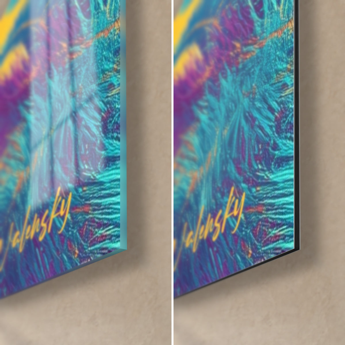 Tableau palmier aux palmes turquoise et magenta, coin bas droit : verre acrylique brillant et reflets, alu Dibond mat, tranche de 3 mm