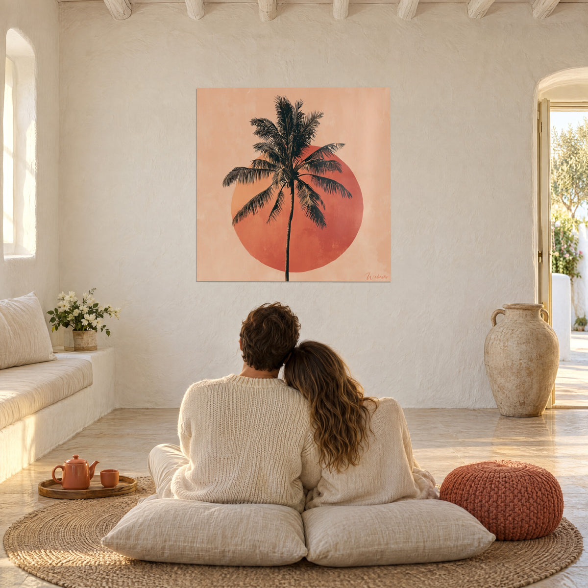 Tableau arbre tropical noir sur lune cuivrée, fond rose poudré, devant un couple enlacé sur des coussins, maison chaulée