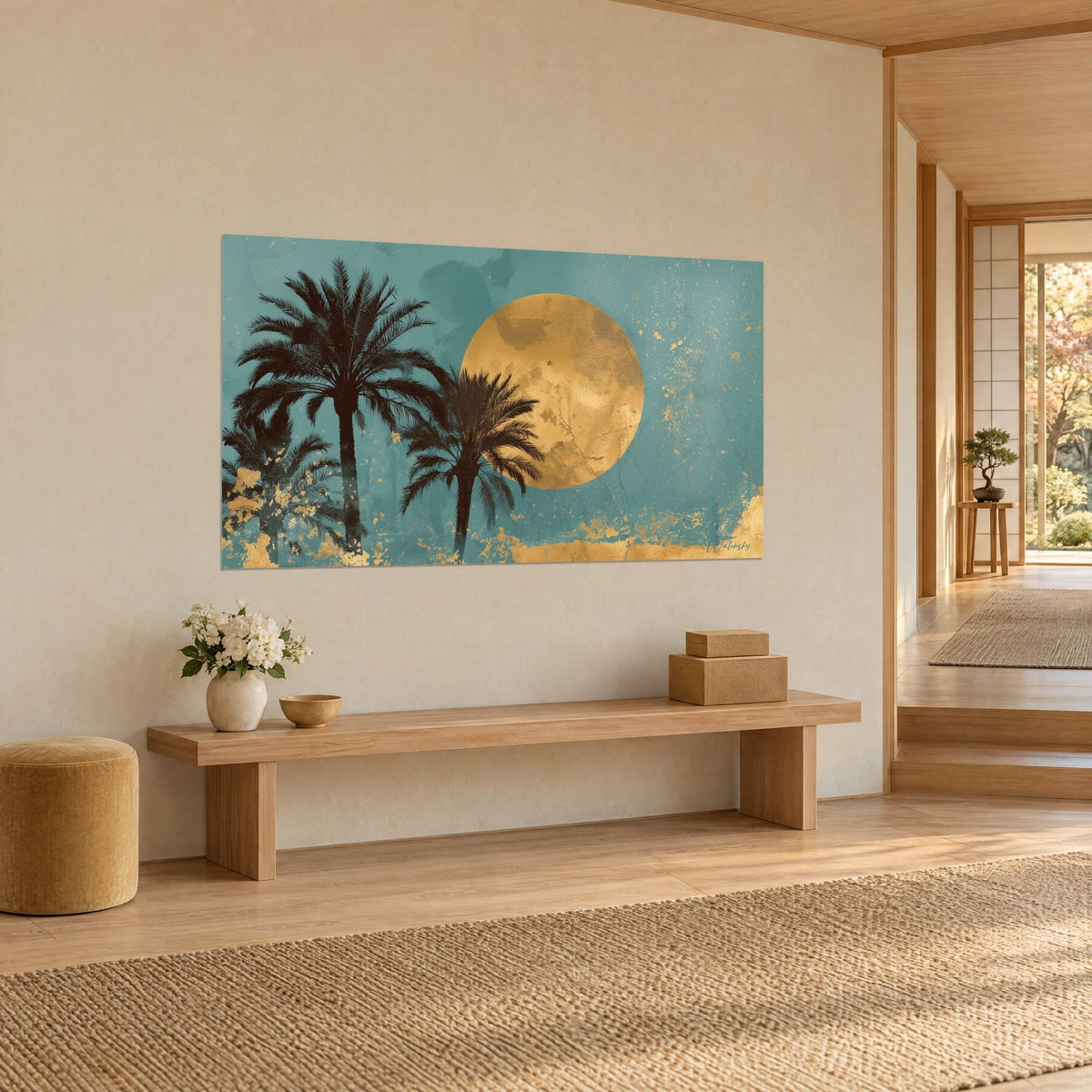 Wall art cracked golden sun between two brown palm trees, turquoise background speckled with gold glitter, beige wall of a japandi home