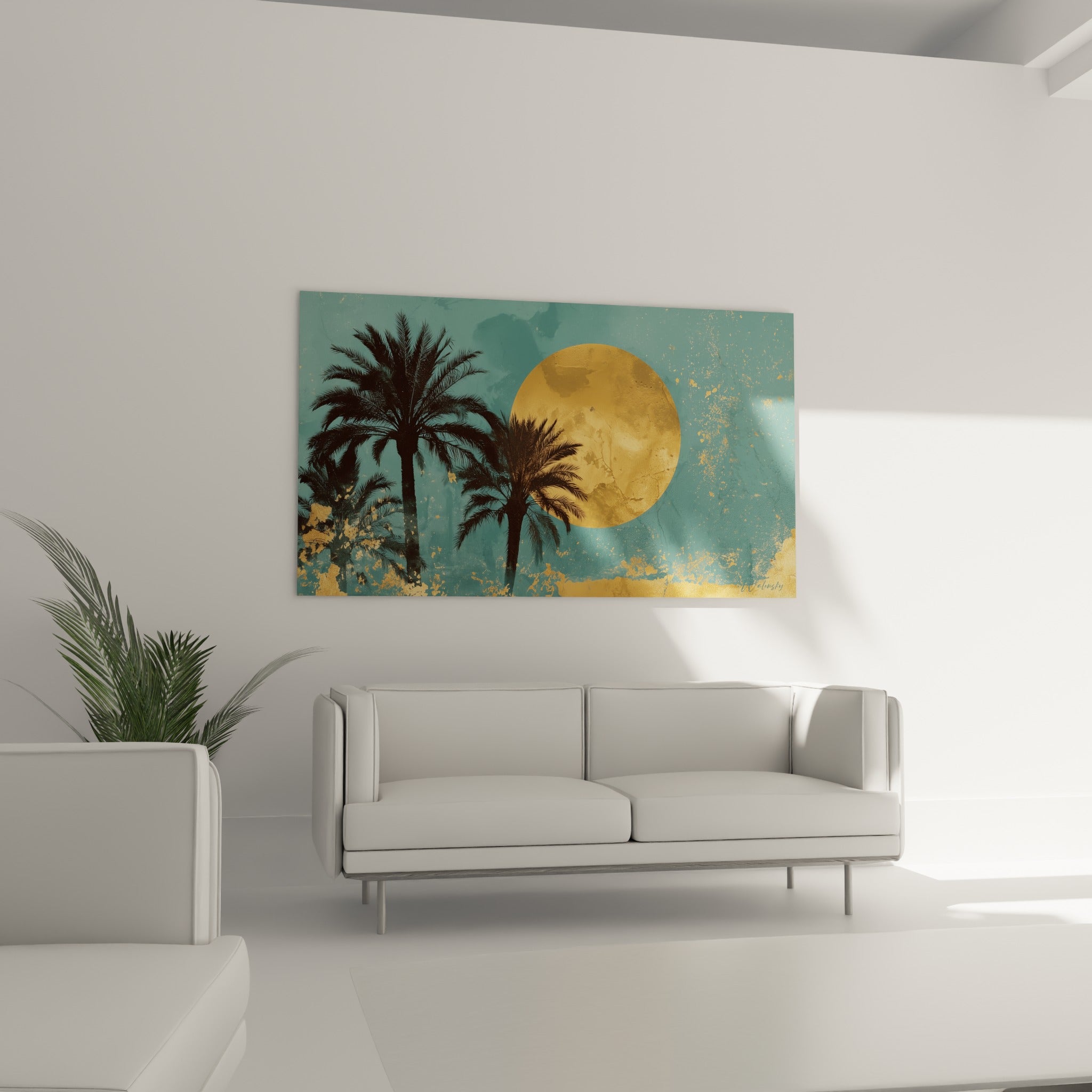 Palmiers anthracite et soleil ocre au-dessus d'un canapé dans un salon lumineux