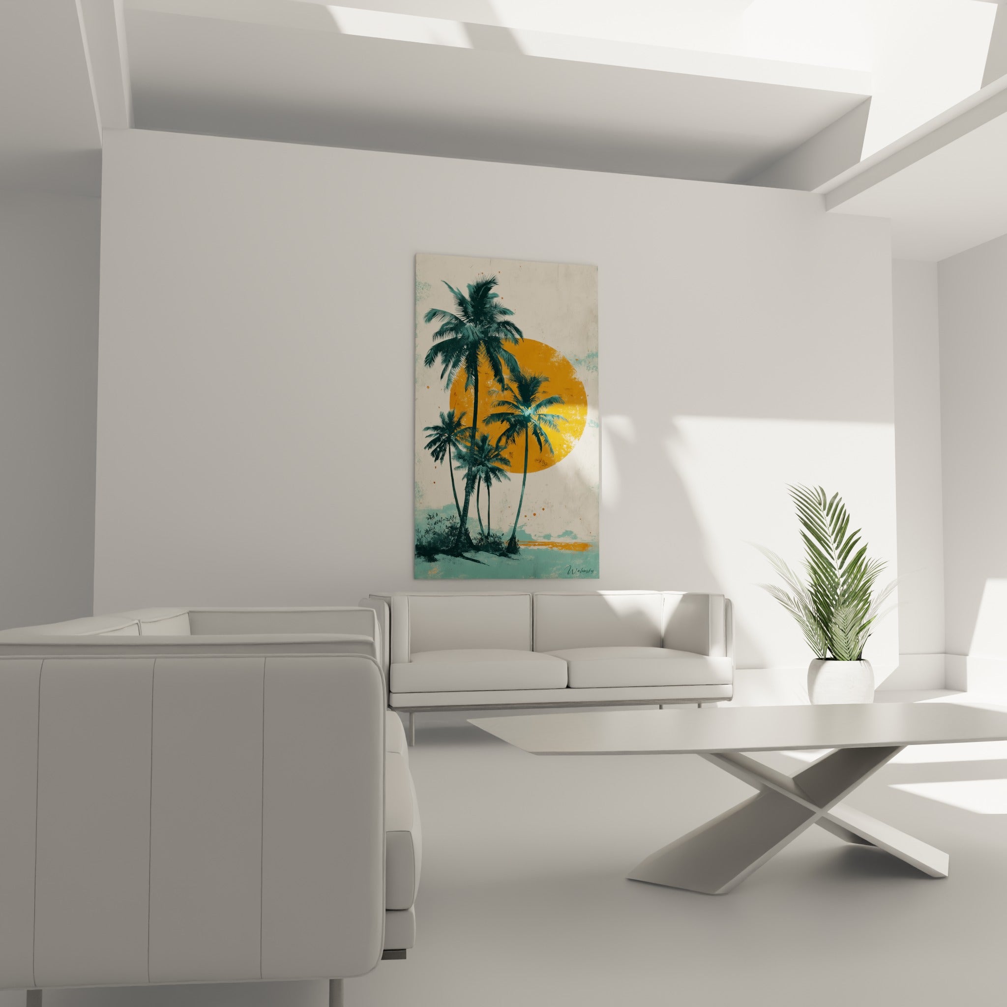Composition tropicale orange et sarcelle des palmiers suspendue au-dessus d'un canapé dans un salon lumineux