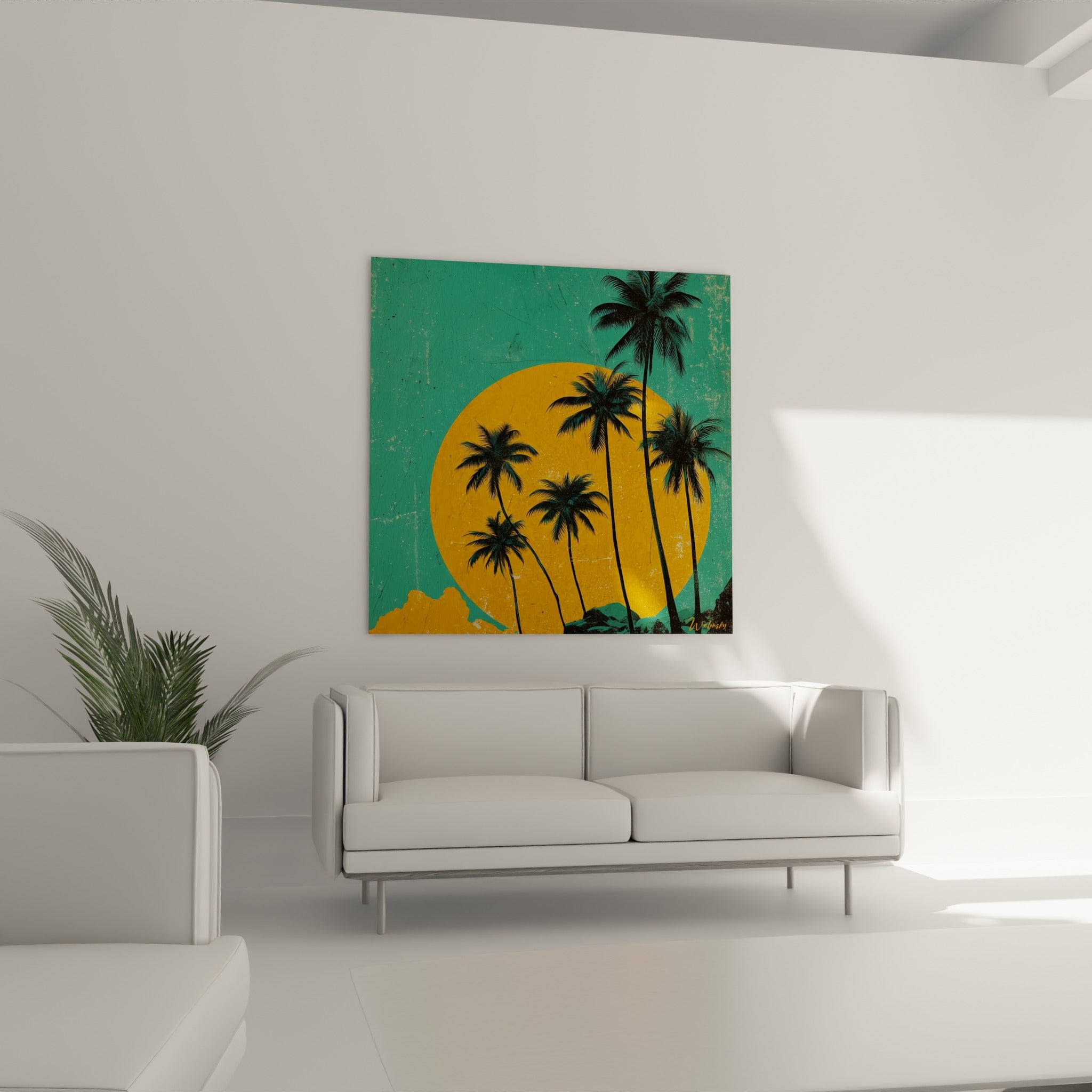 Palmiers noirs et soleil jaune orangé au-dessus d'un canapé dans un salon lumineux