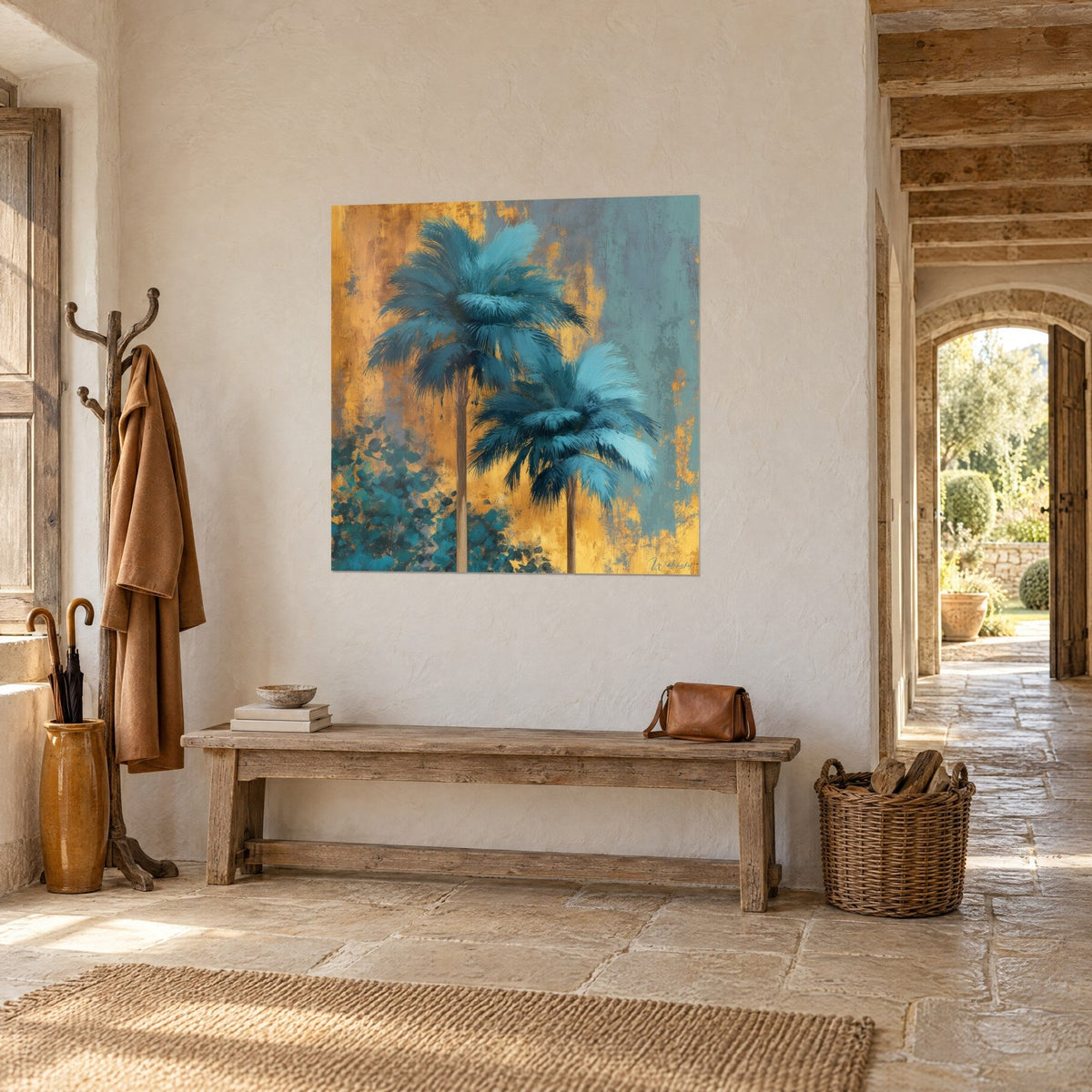 Quadro due palme slanciate, fogliame turchese e tronchi bruni su ocra dorato, panca in legno, casa in pietra di tre quarti