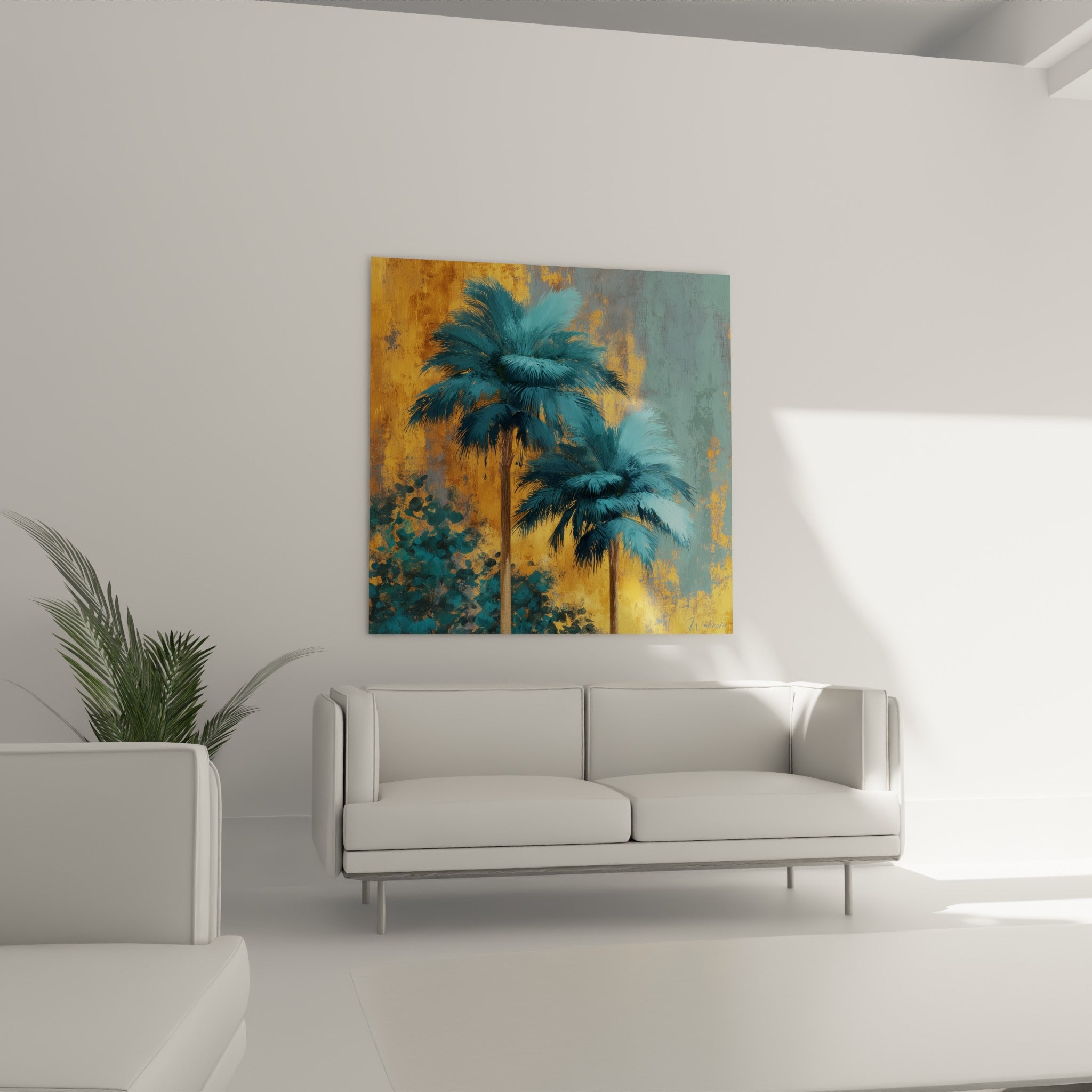 Palmiers turquoise et fond ocre patiné positionnés au-dessus d'un canapé dans un salon lumineux