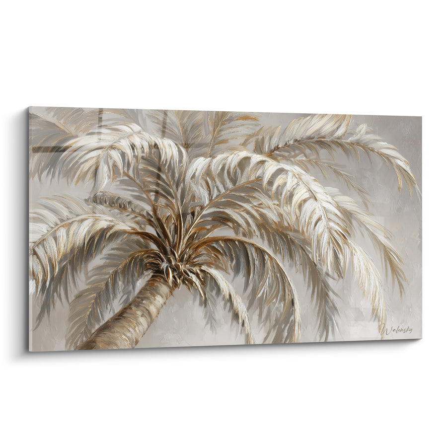 Tableau Palmier doré aux palmes beiges et grises - Oasis feutrée - Edition Palmier