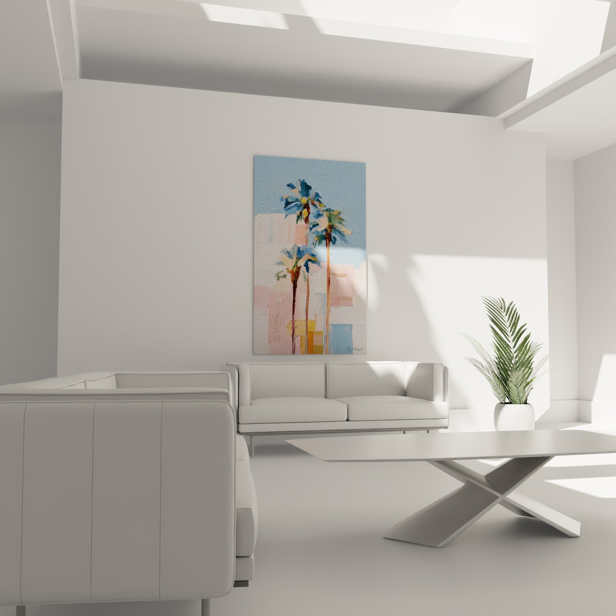 Silhouettes de palmiers dorés et bleu marine se détachant sur rose poudré, au-dessus d'un canapé dans un salon lumineux
