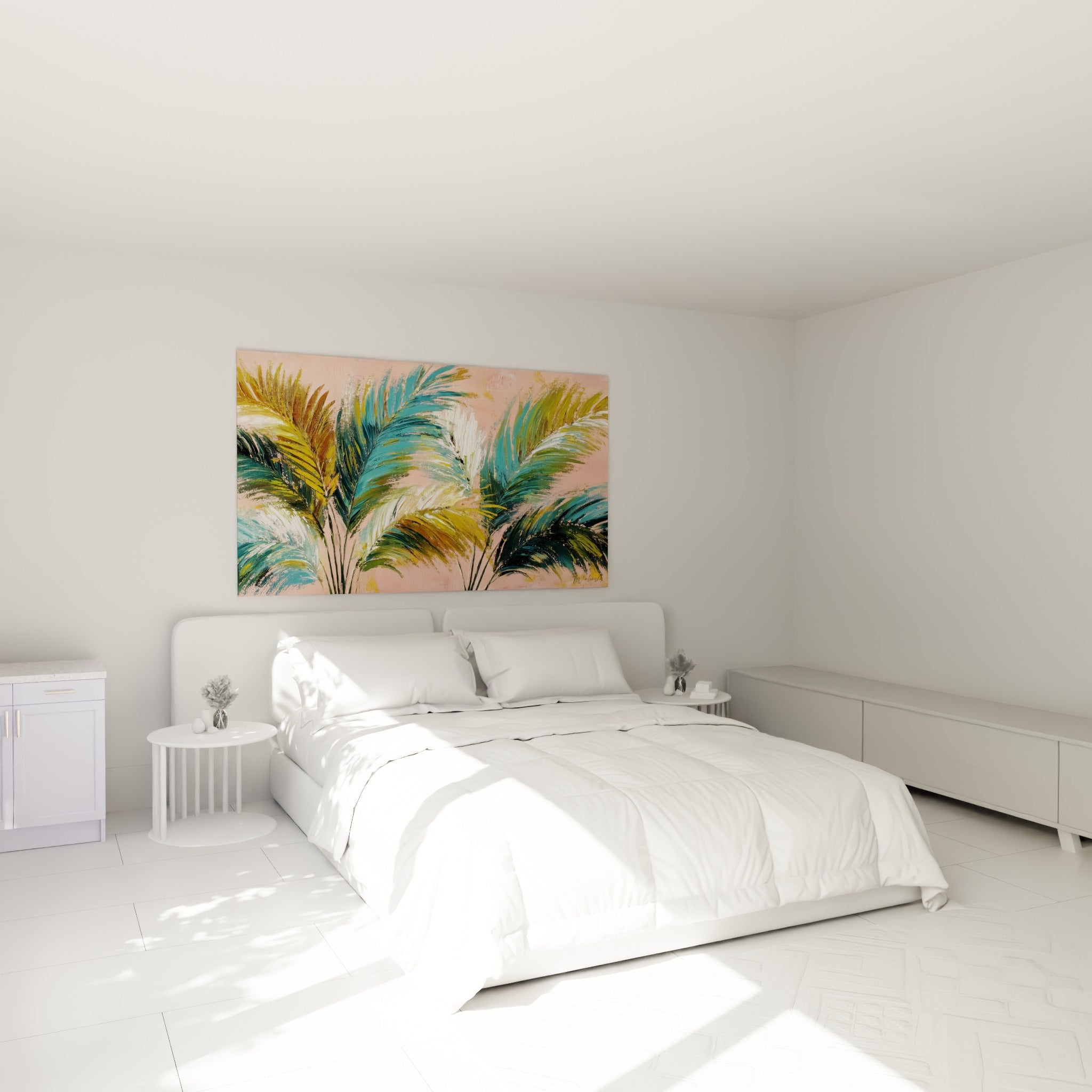 Palmes dorées et vertes de ce tableau Palmier au-dessus d'un lit dans une chambre claire