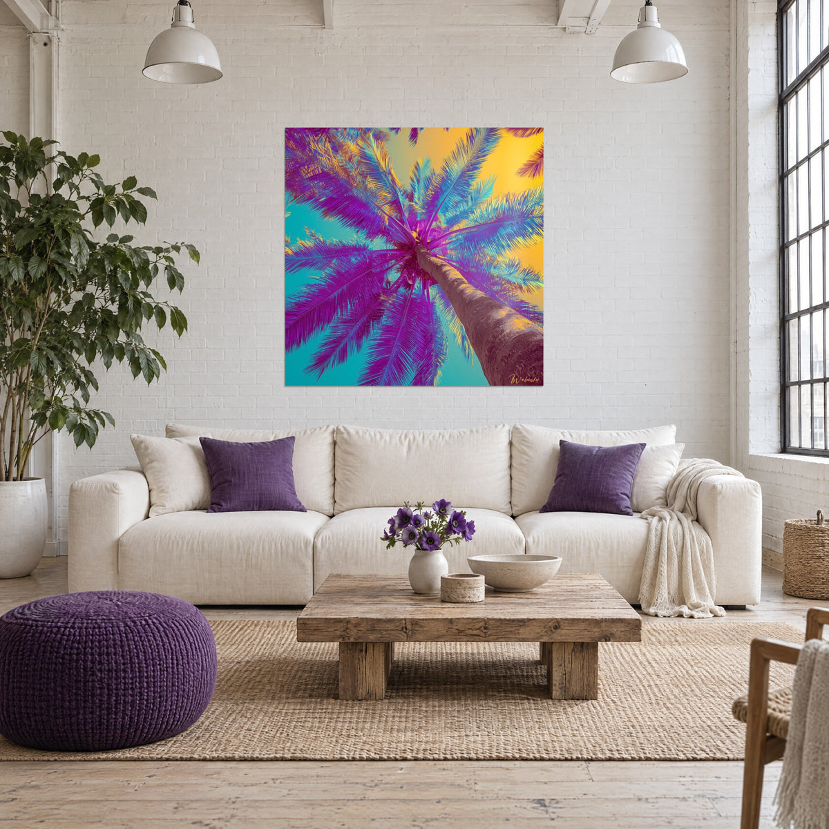 Wall art of a palm tree seen from below, magenta and turquoise fronds against a yellow sky, hung above a sofa in a bright living room