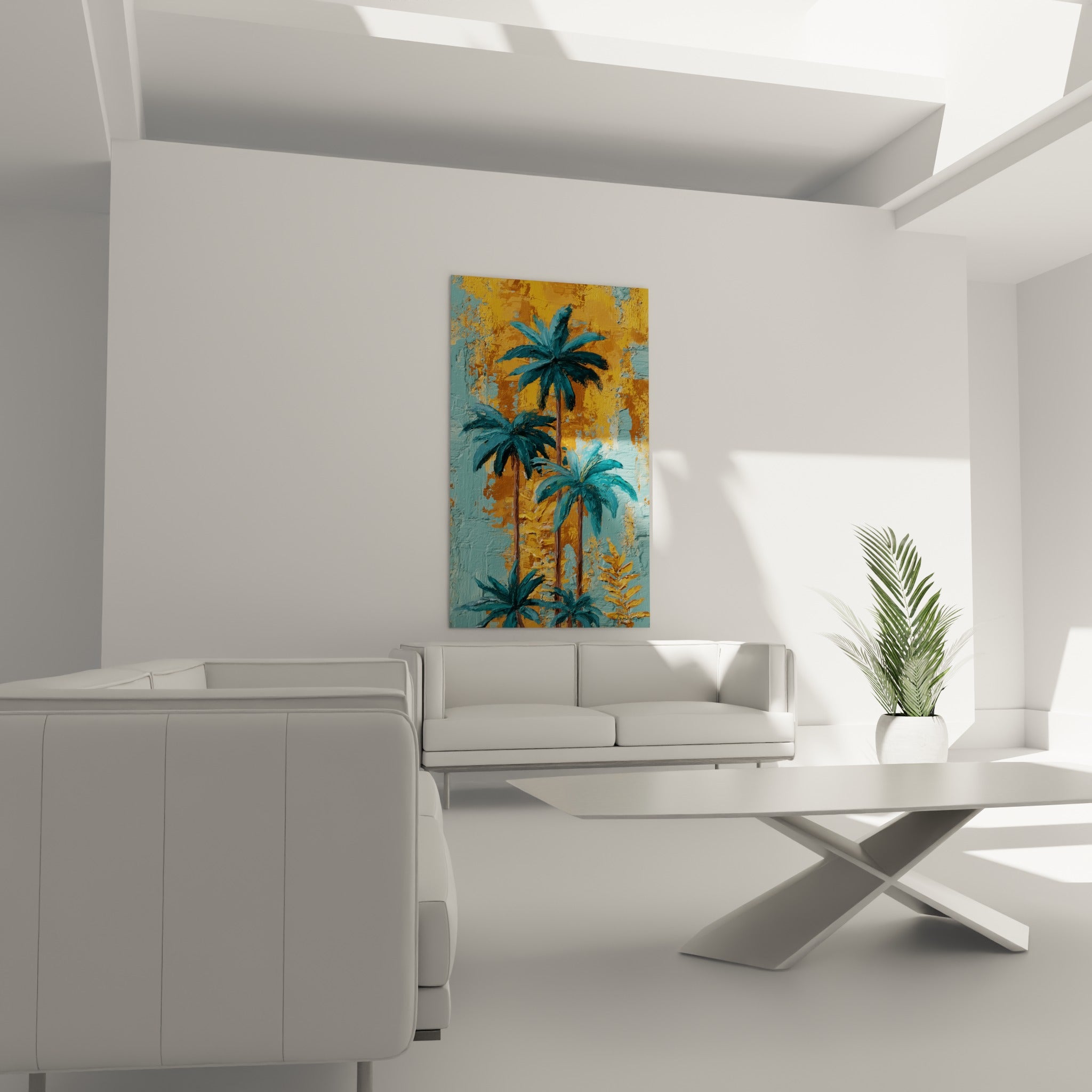 Cinq palmiers bleu pétrole devant un fond ocre lumineux, suspendus au-dessus d'un canapé dans un salon lumineux