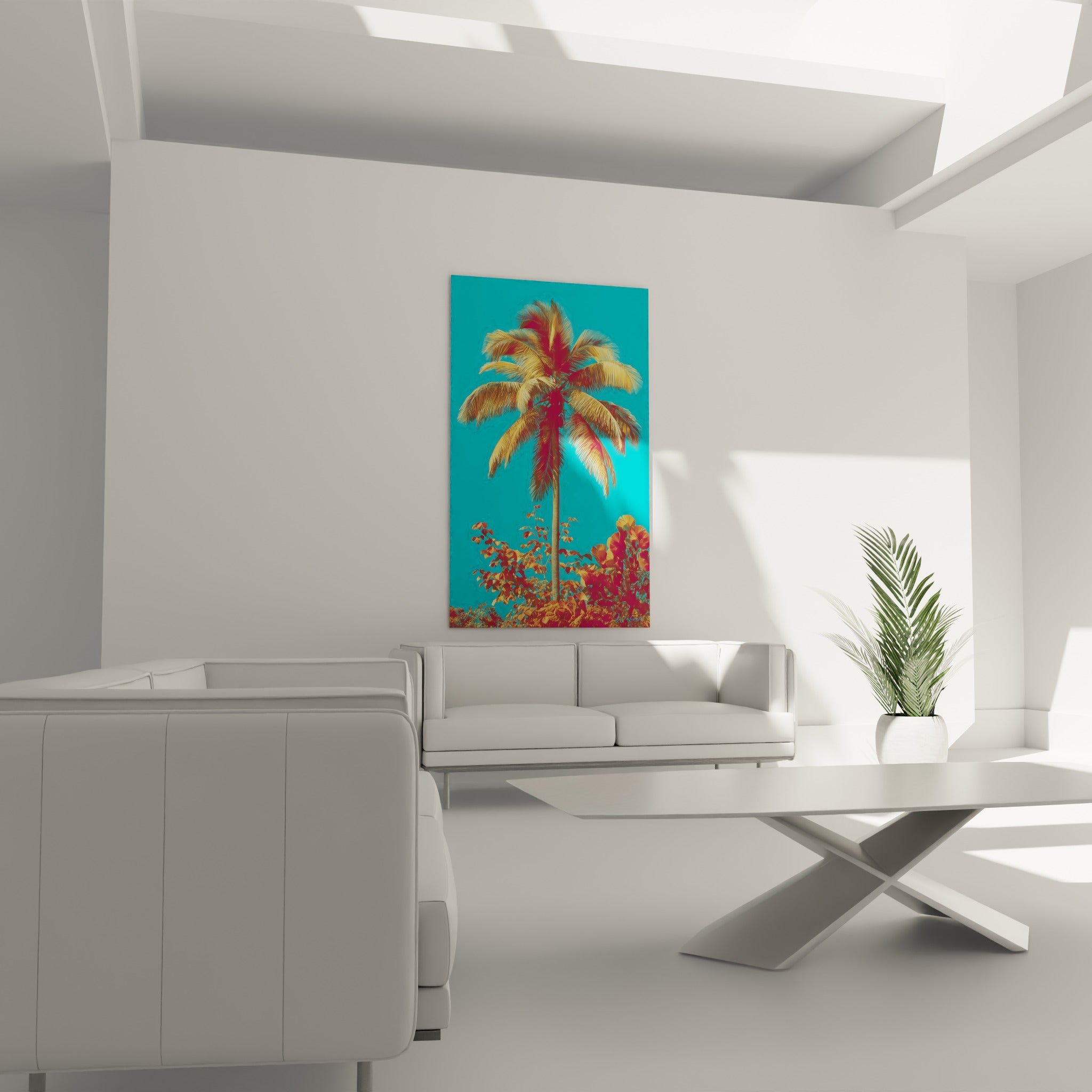 Feuillage tropical doré et fauve du palmier, accroché au-dessus d'un canapé dans un salon lumineux