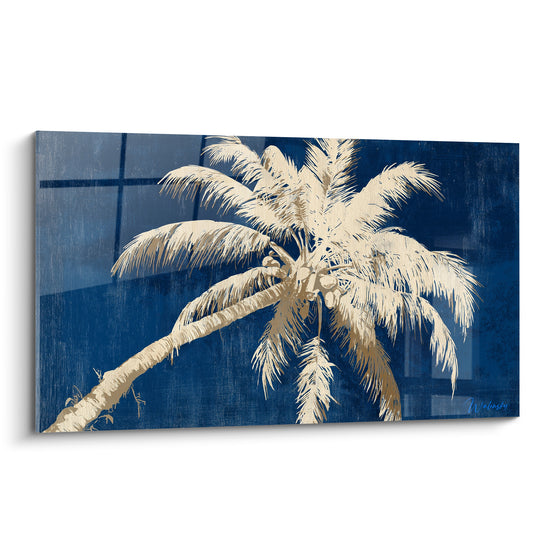 Palmier doré incliné sur fond bleu marine texturé, feuillage stylisé et lumineux