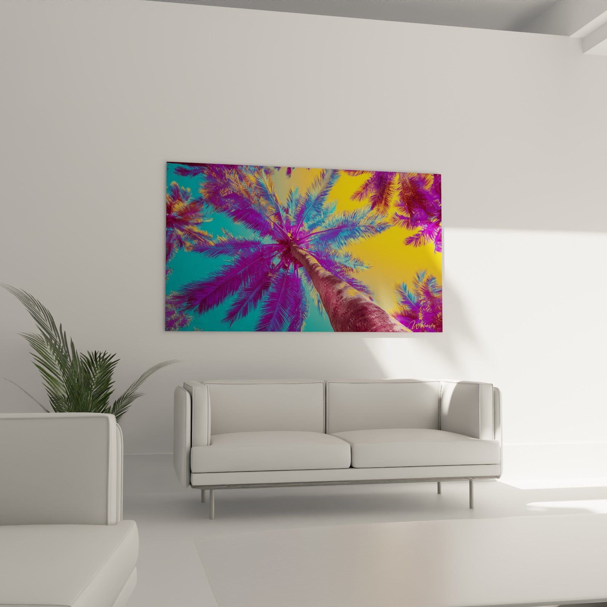 Perspective jaune et violette d'un palmier tropical au-dessus d'un canapé dans un salon lumineux