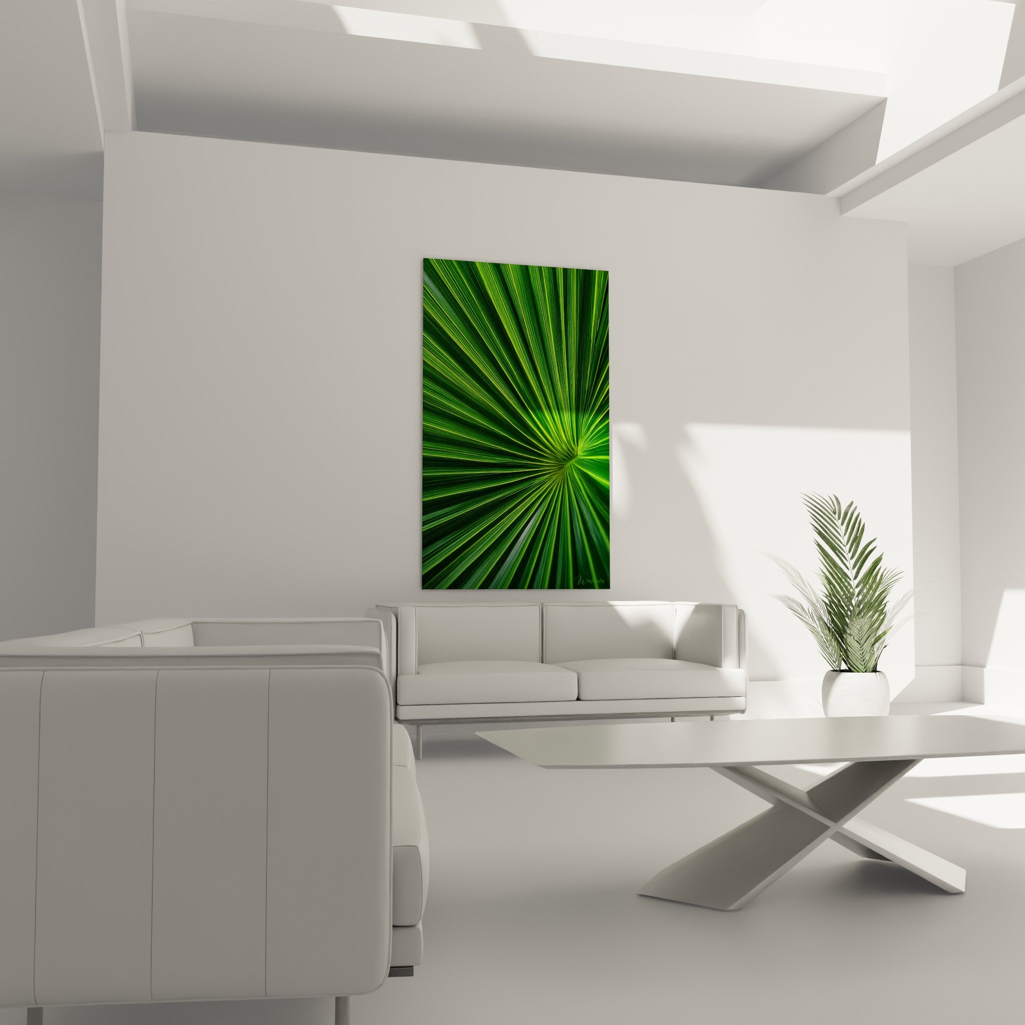 Éventail végétal du Palmier vert et doré structuré en lignes fines, au-dessus d'un canapé dans un salon lumineux