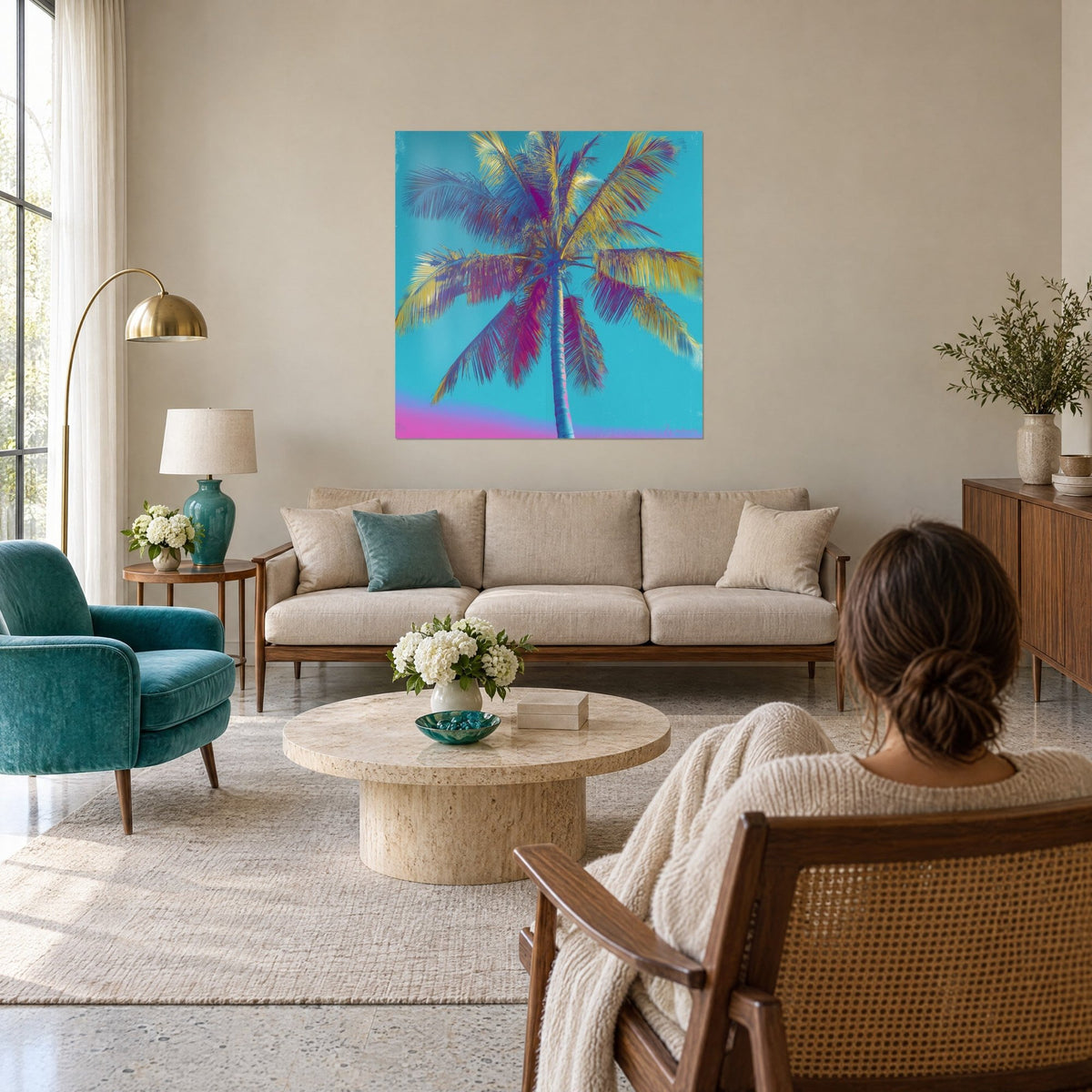 Cuadro palmera vista desde abajo, palmas amarillo mostaza y magenta sobre cielo turquesa, encima de un sofá en un salón luminoso