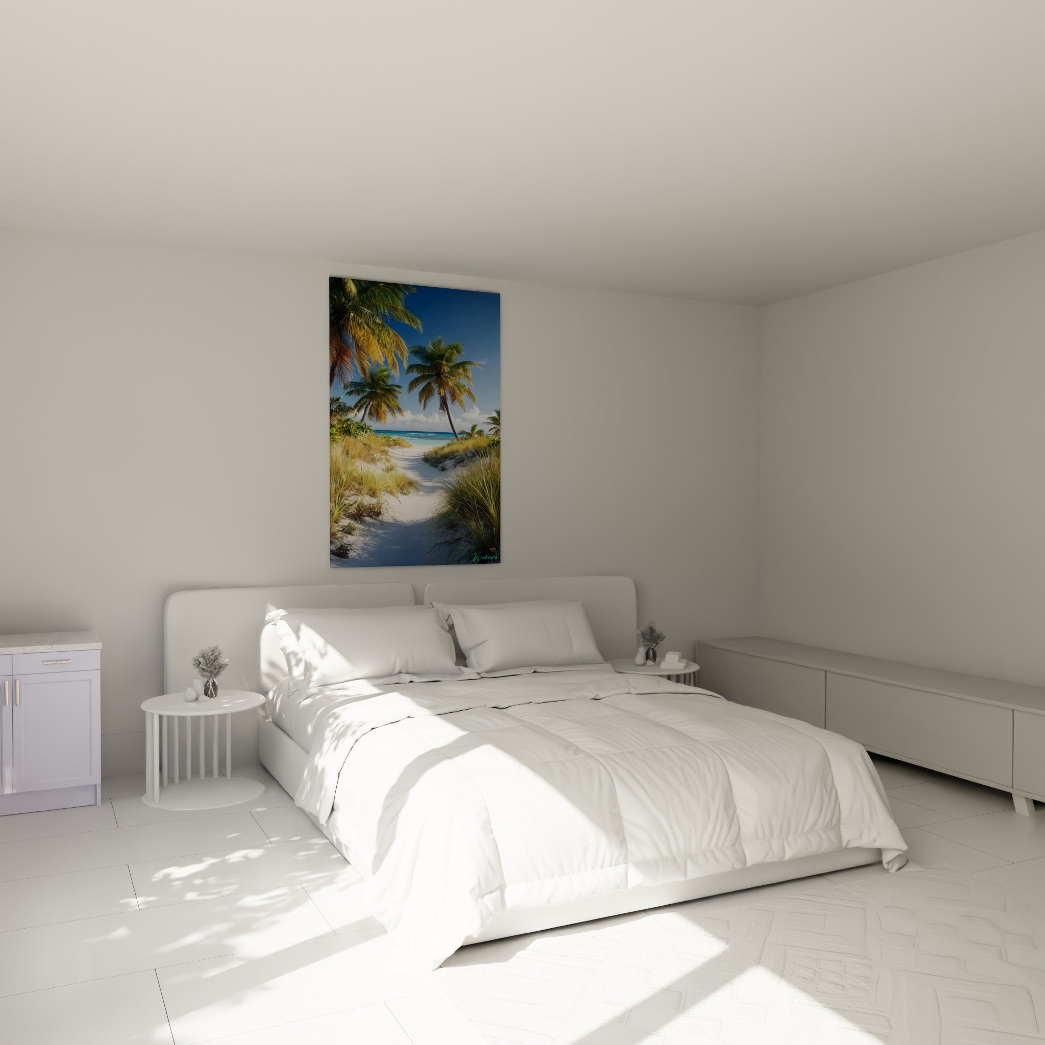 Sentier tropical bordé de palmiers verts et sable blanc au-dessus d'un lit dans une chambre claire