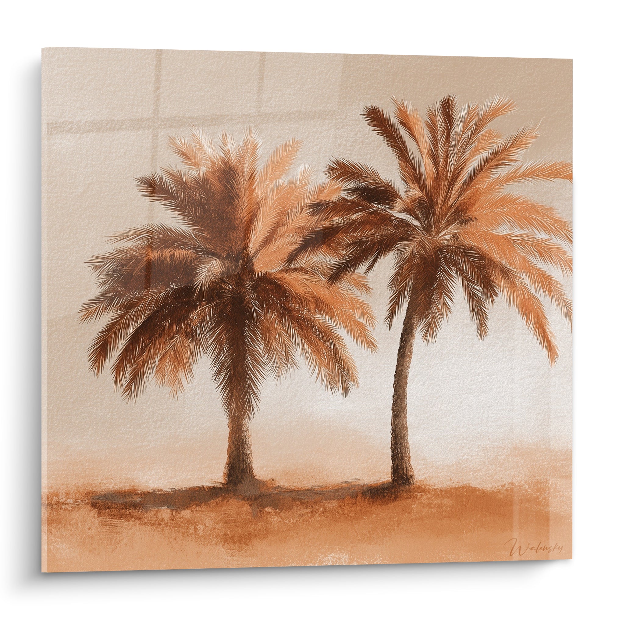Palmier duo peint en camaïeu ocre et beige sable, frondaisons denses sur fond dégradé clair