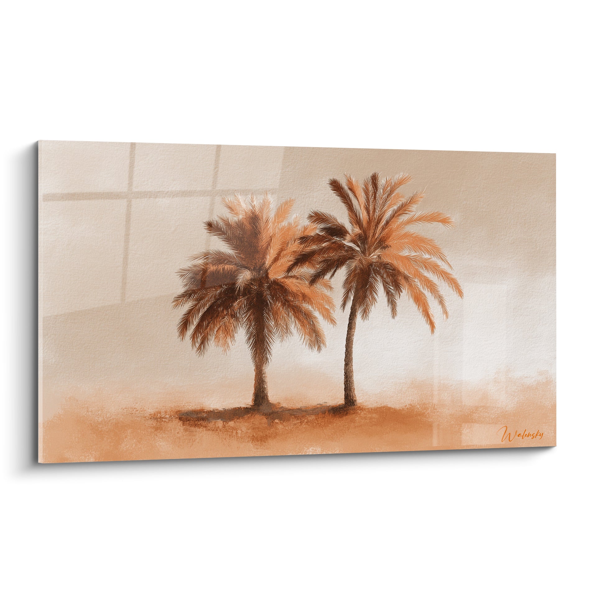 Palmiers terracotta et bruns se dressant sur fond sable brumeux, style peinture texturée désertique