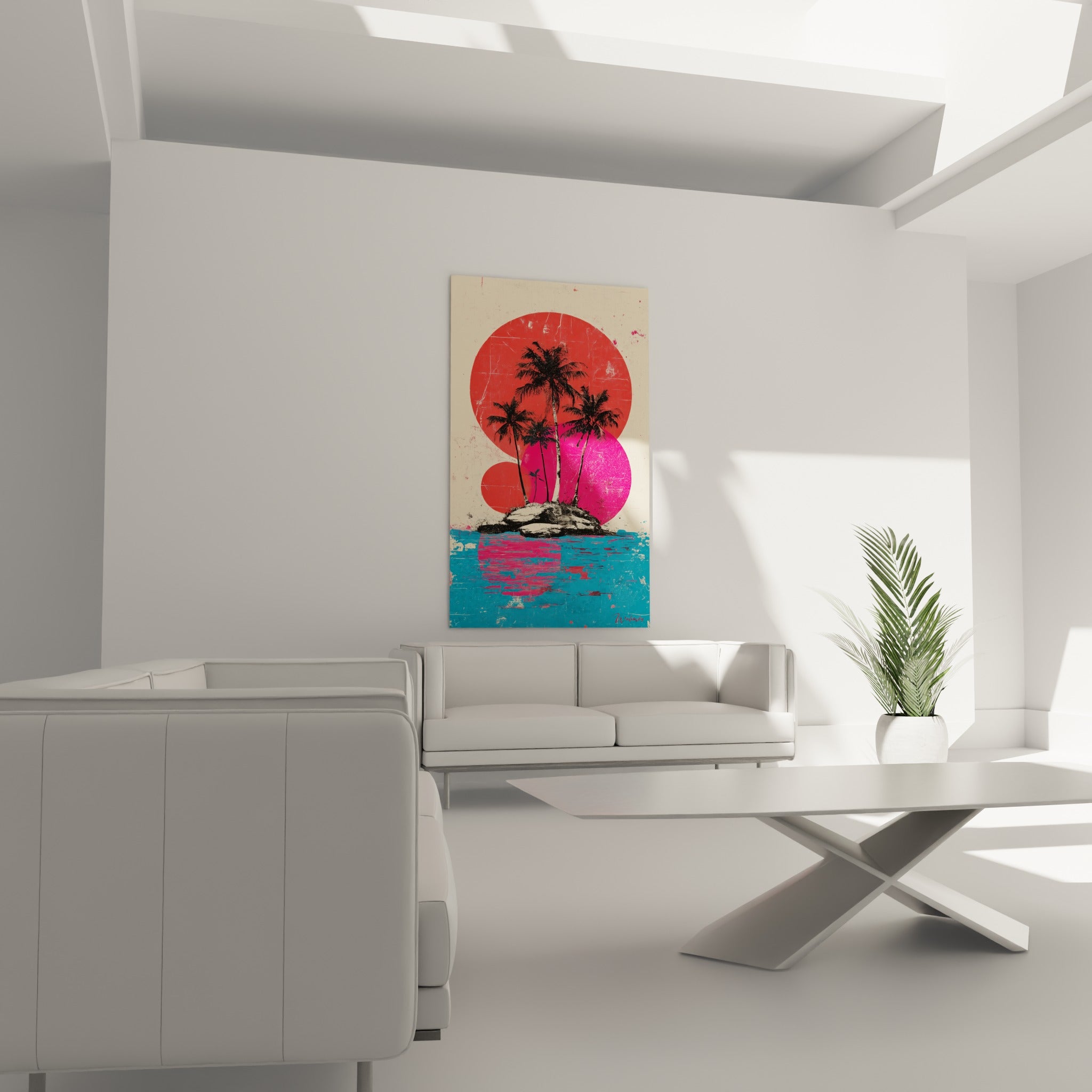 Rochers et palmiers noirs sur eau turquoise accrochés au-dessus d'un canapé dans un salon lumineux