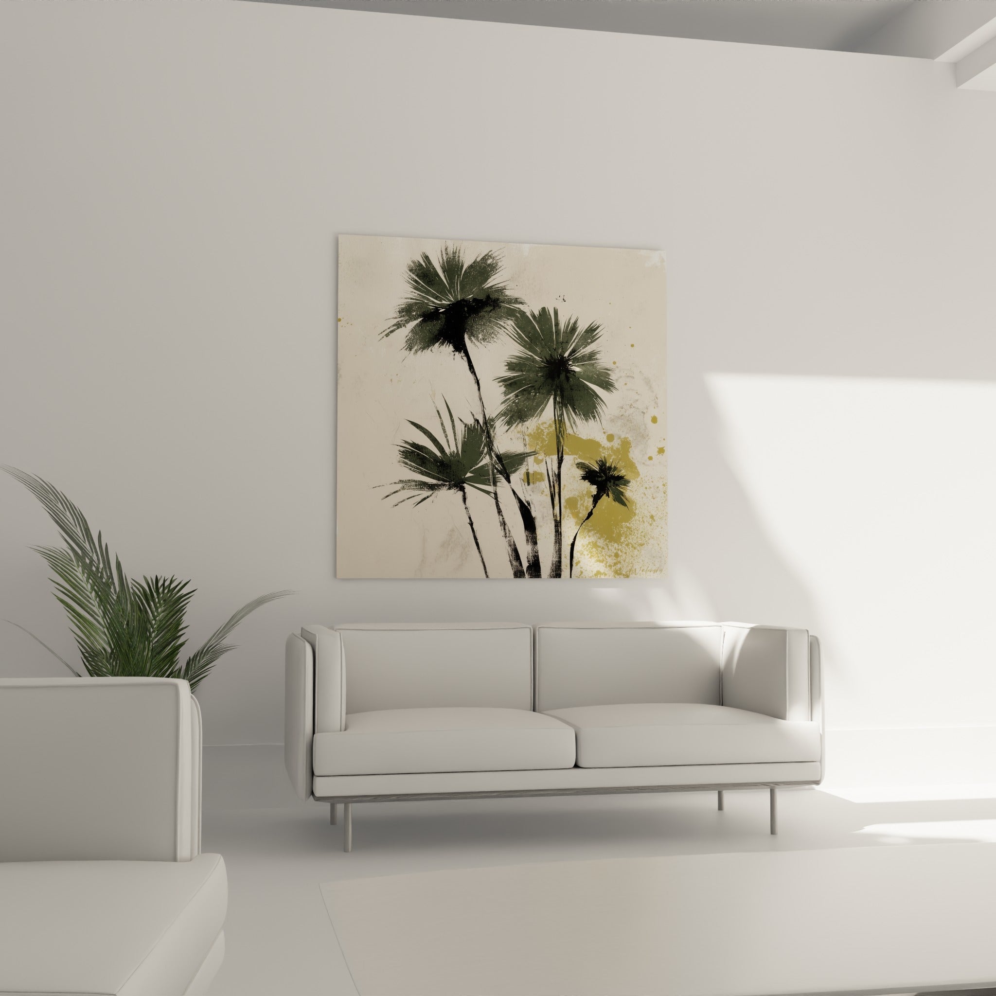 Palmes vertes esquissées à l'encre sur fond ivoire, suspendues au-dessus d'un canapé dans un salon lumineux.