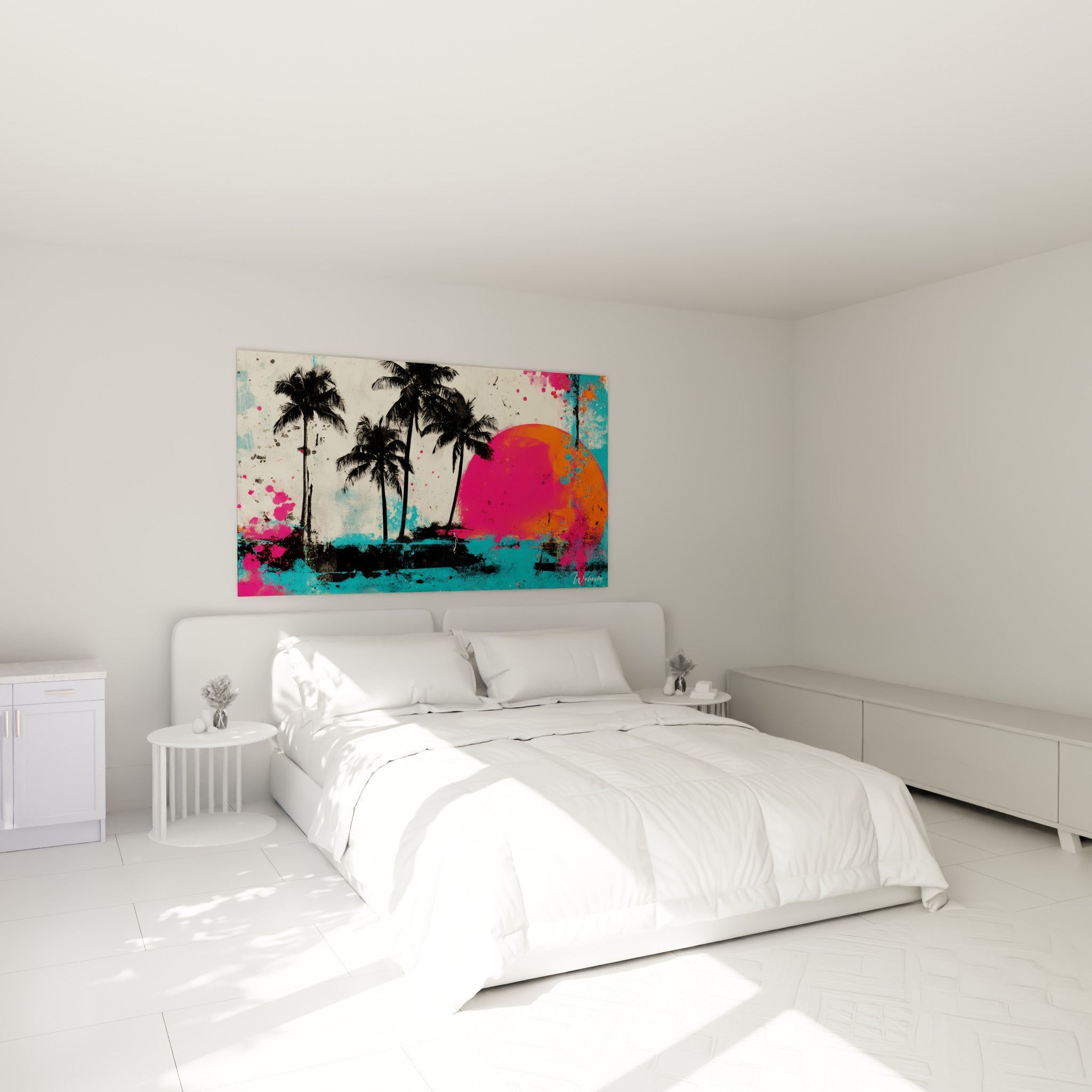 Silhouettes de palmiers et soleil rose fuchsia au-dessus d'un lit dans une chambre claire