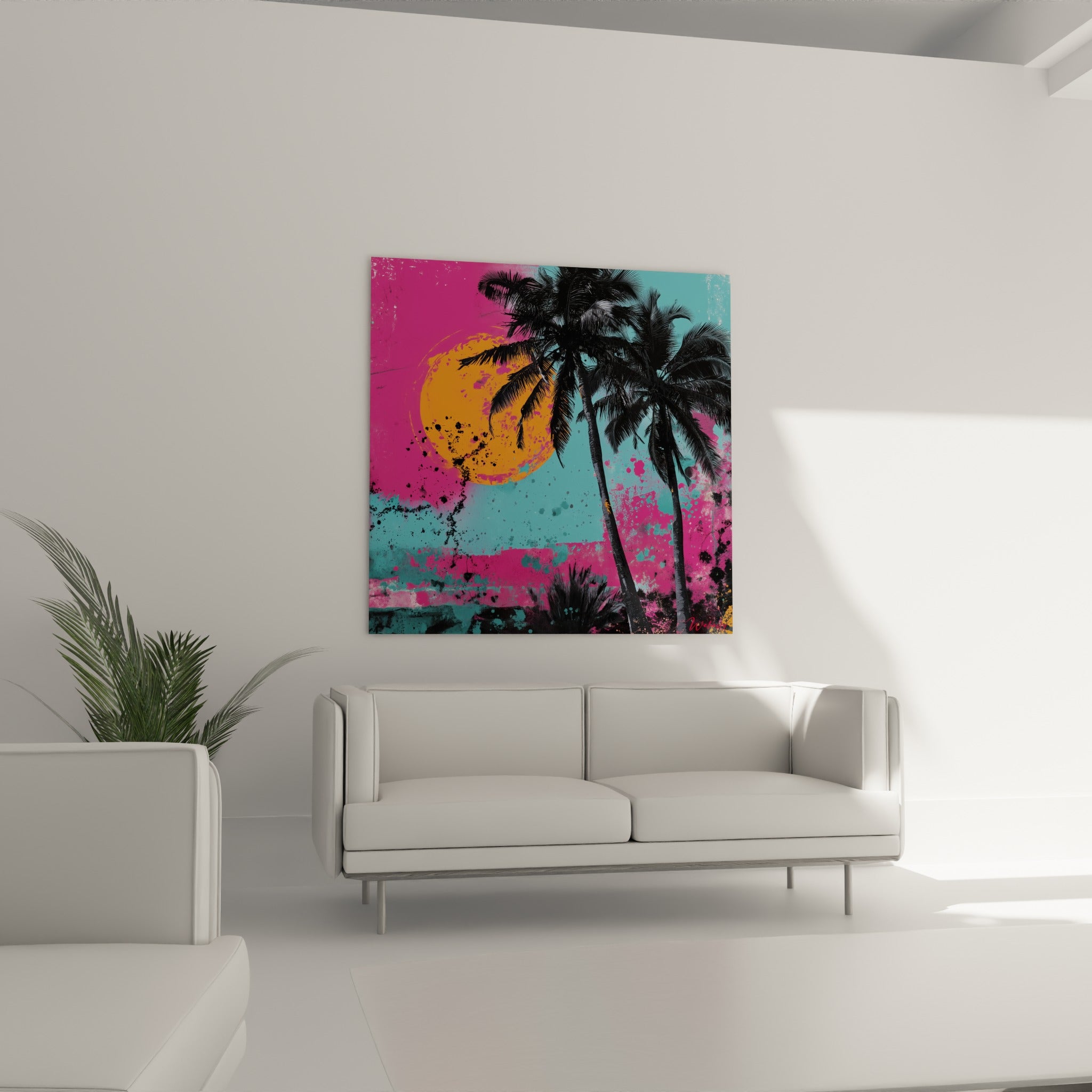Palmiers sombres et ciel rose fuchsia éclatant surplombant un canapé dans un salon lumineux