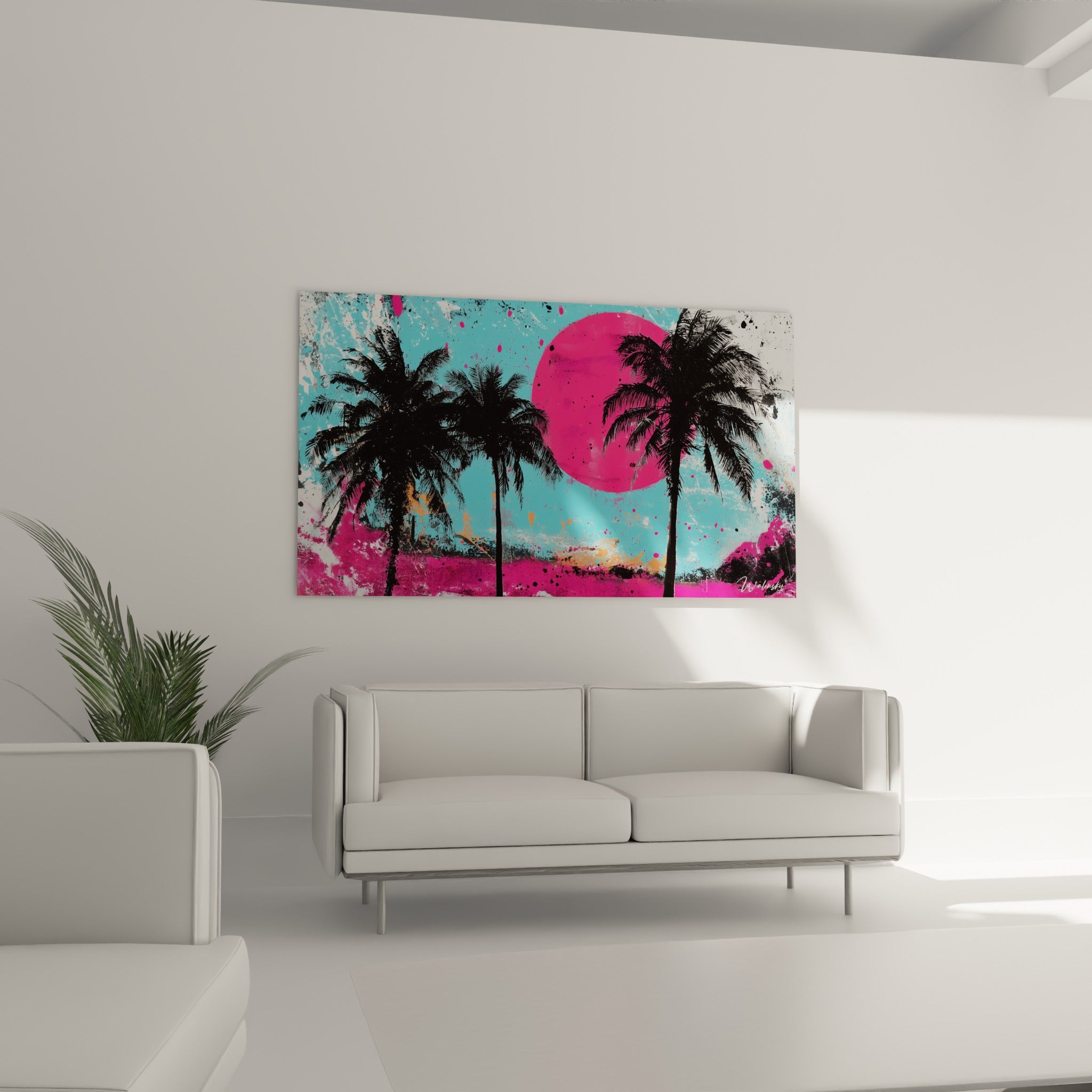 Palmiers sombres et ciel turquoise vibrant, au-dessus d'un canapé dans un salon lumineux