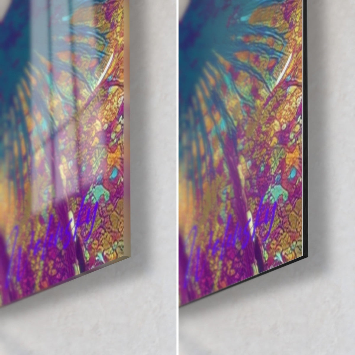 Gemälde Palme in Türkis und Magenta, untere rechte Ecke: glänzendes Acrylglas links, mattes Dibond-Alu rechts, 3 mm Kante