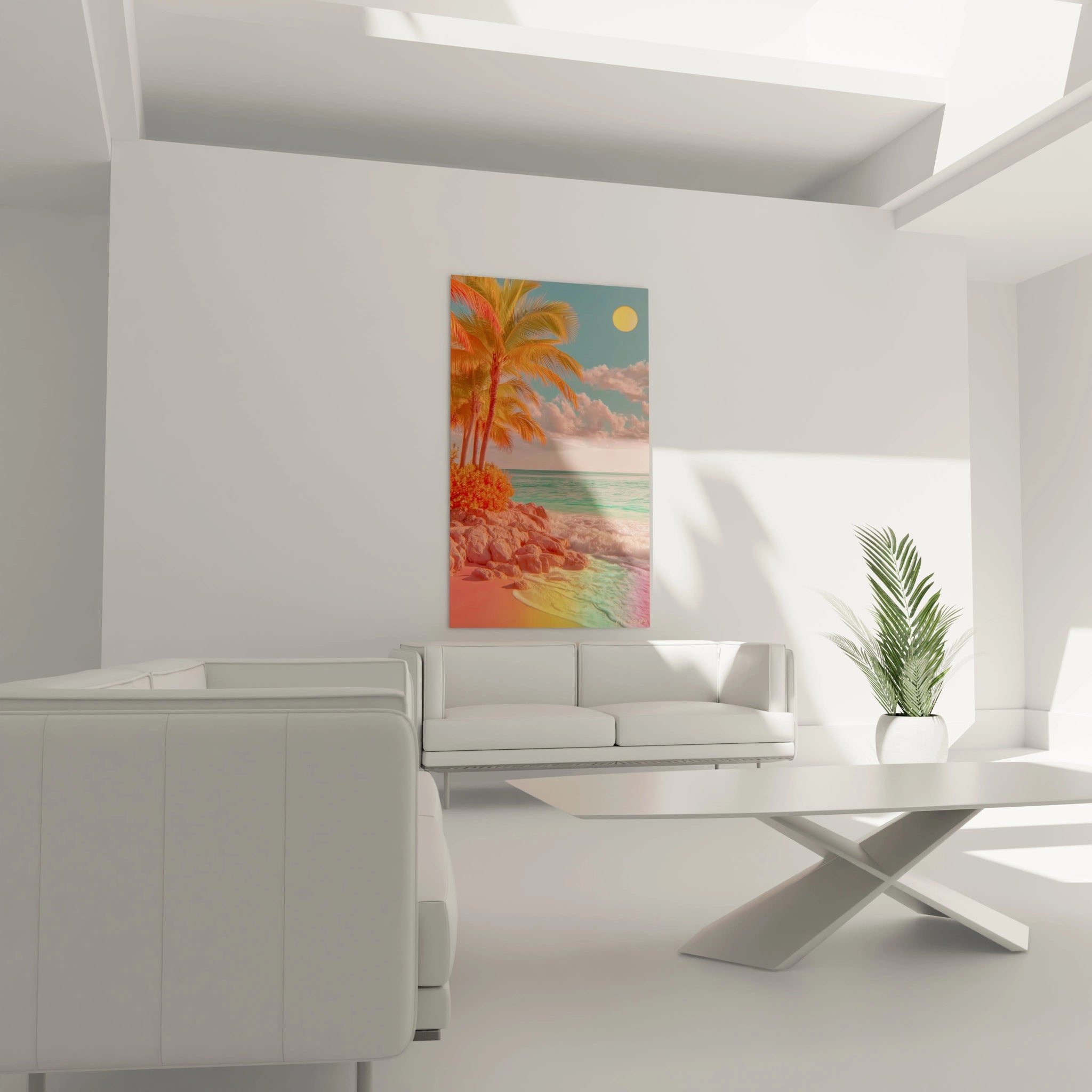 tableau palmier rétro Walensky accroché dans salon minimaliste, plage colorée au coucher du soleil