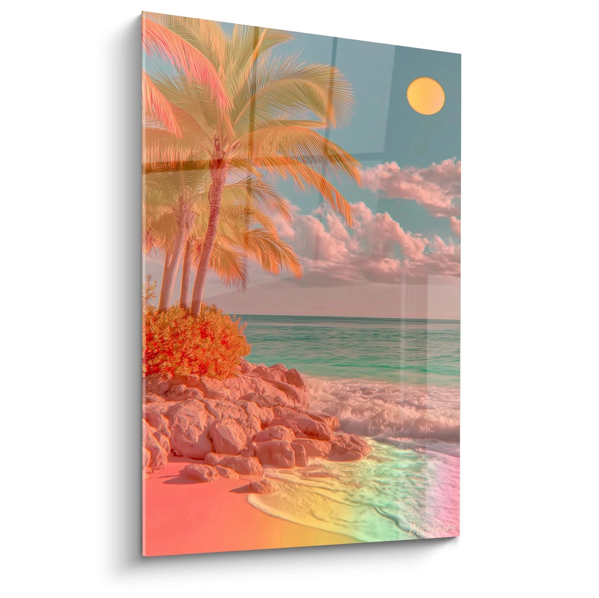 Tableau mural Walensky tableau palmier rétro plage aux couleurs pastel palmiers rochers et mer