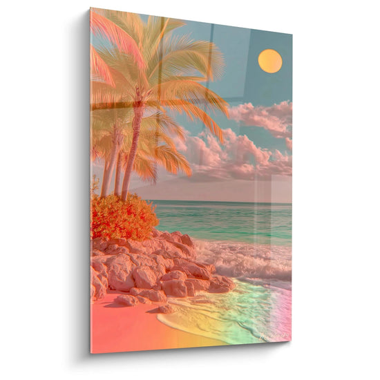 Walensky Wandbild Retro-Strand-Palmen-Kunstdruck in Pastellfarben mit Palmen, Felsen und Meer