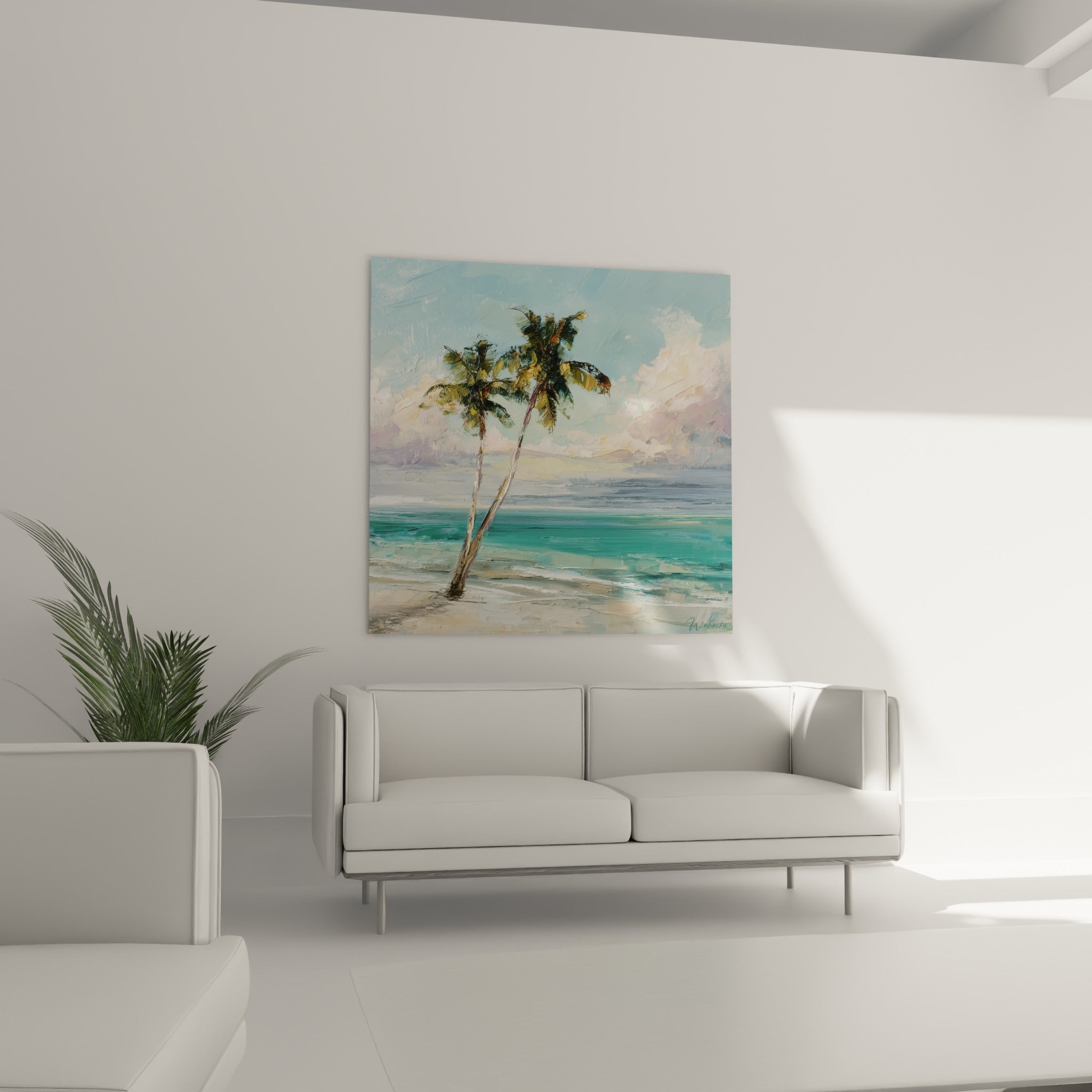 Feuillages verts des palmiers face à une mer émeraude, œuvre placée au-dessus d'un canapé dans un salon lumineux