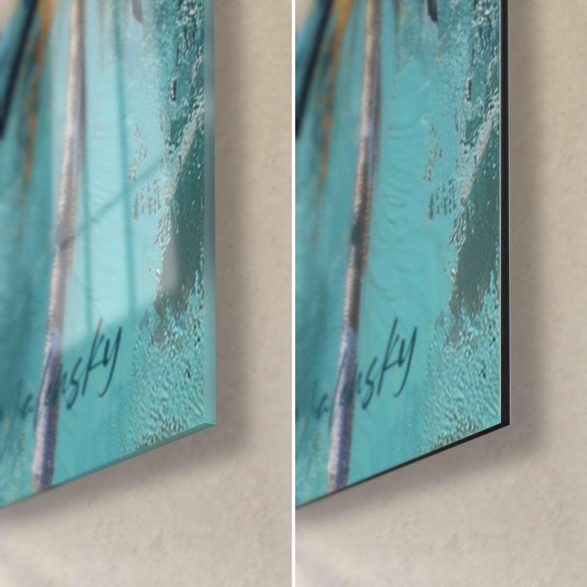 Wall art palm trees in turquoise and ochre, bottom right corner: glossy acrylic glass on the left, matte Dibond aluminum on the right, 3 mm edge