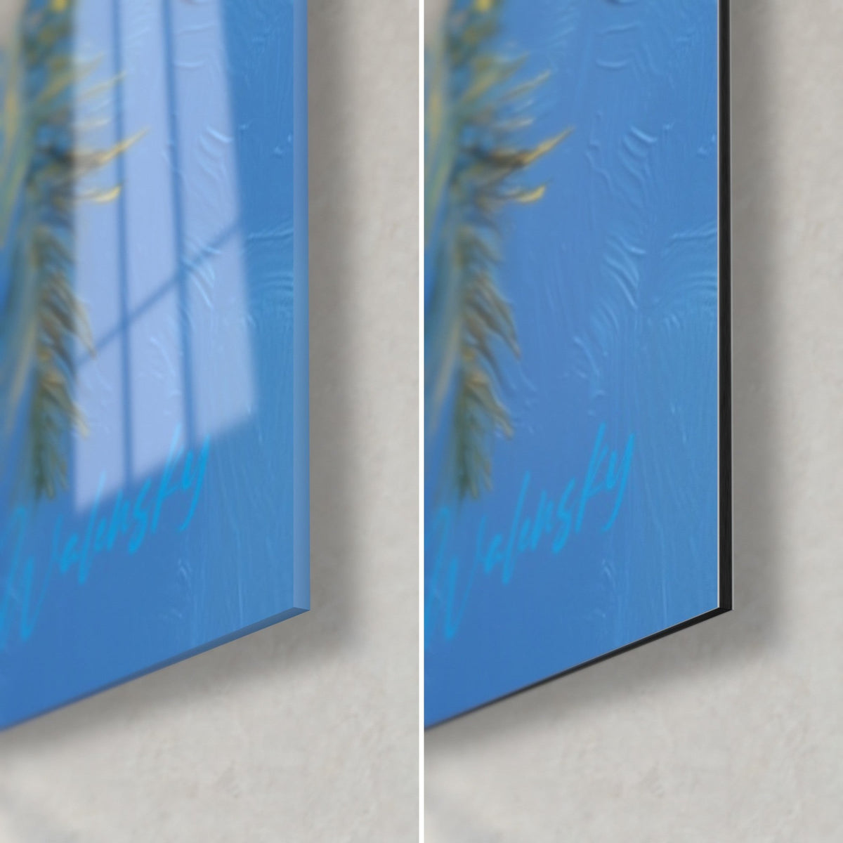 Gemälde Palme in Ölmalerei, blauer Himmel, untere rechte Ecke: glänzendes Acrylglas links, matt gebürstetes Dibond rechts