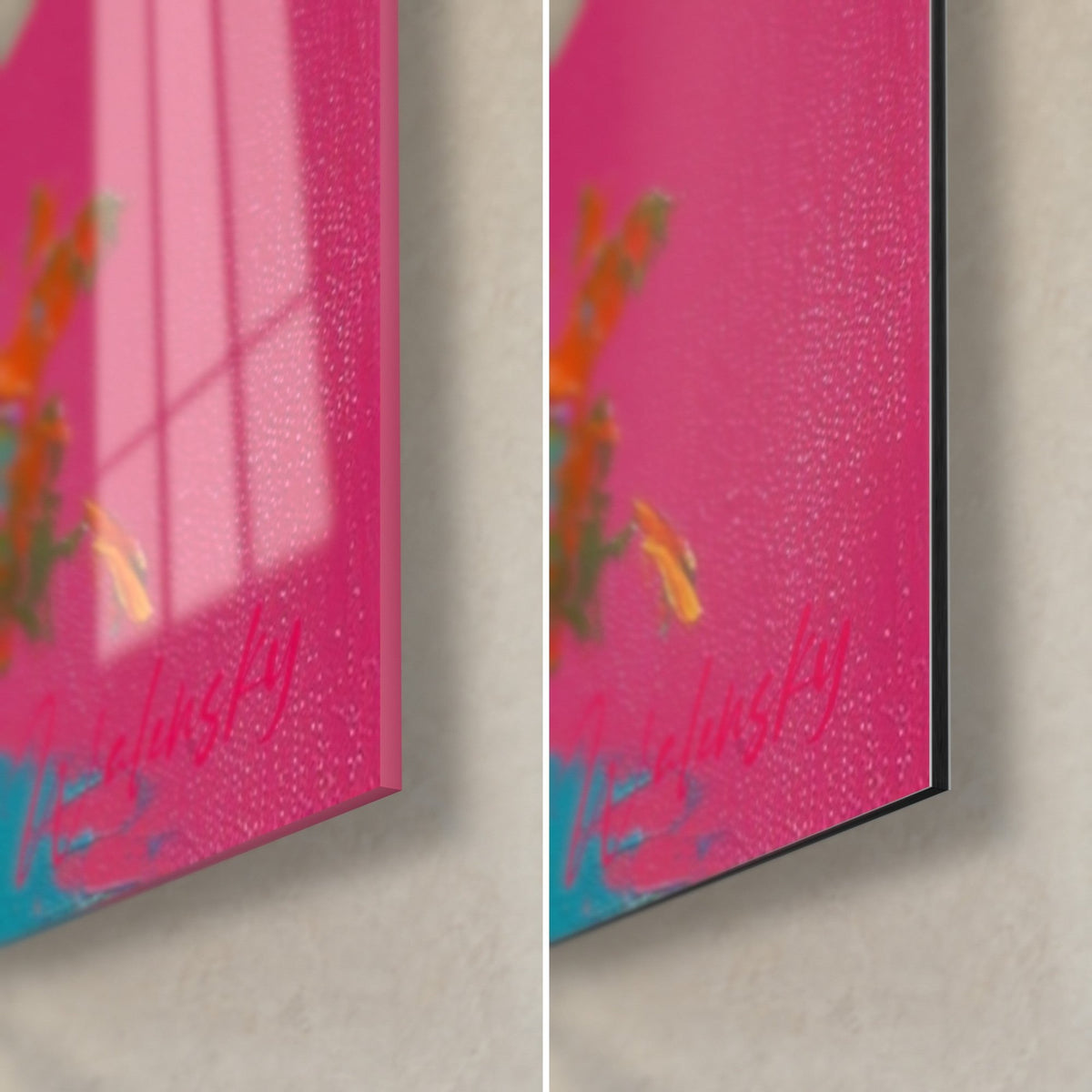 Cuadro palmeras en pintura gruesa, esquina inferior derecha: vidrio brillante que refleja la ventana, Dibond mate, canto de 3 mm