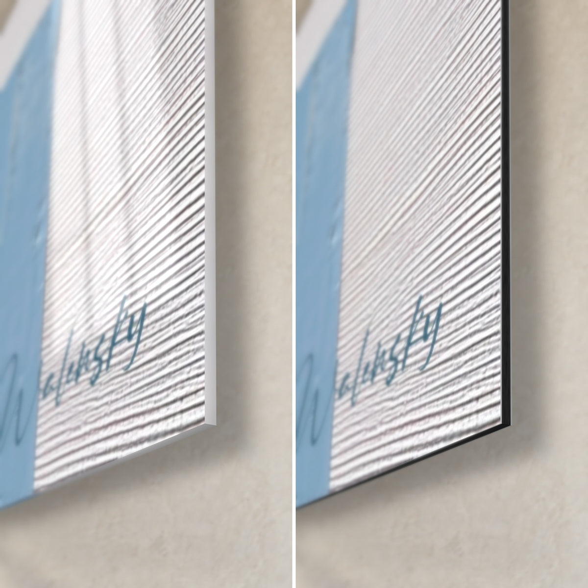 Quadro di palme dipinte a olio, angolo in basso a destra in azzurro cielo e bianco materico, spessore 3 mm, vetro lucido e Dibond opaco