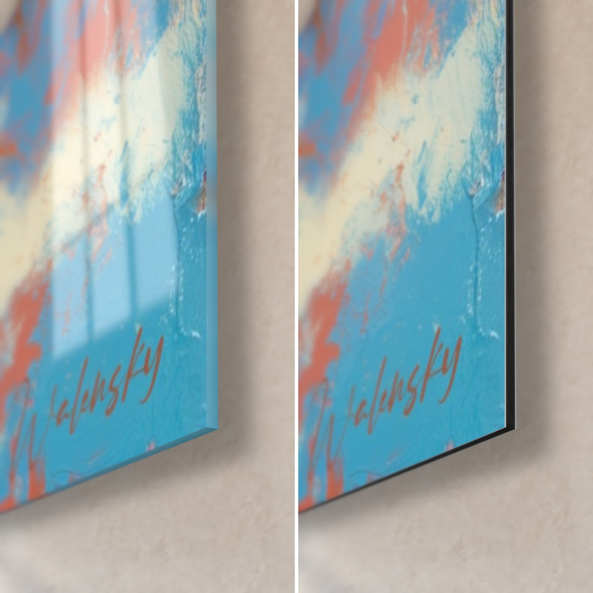 Cuadro árbol tropical en pintura empastada, esquina inferior derecha azul cielo y rosa coral, cristal acrílico brillante a la izquierda, Dibond mate a la derecha