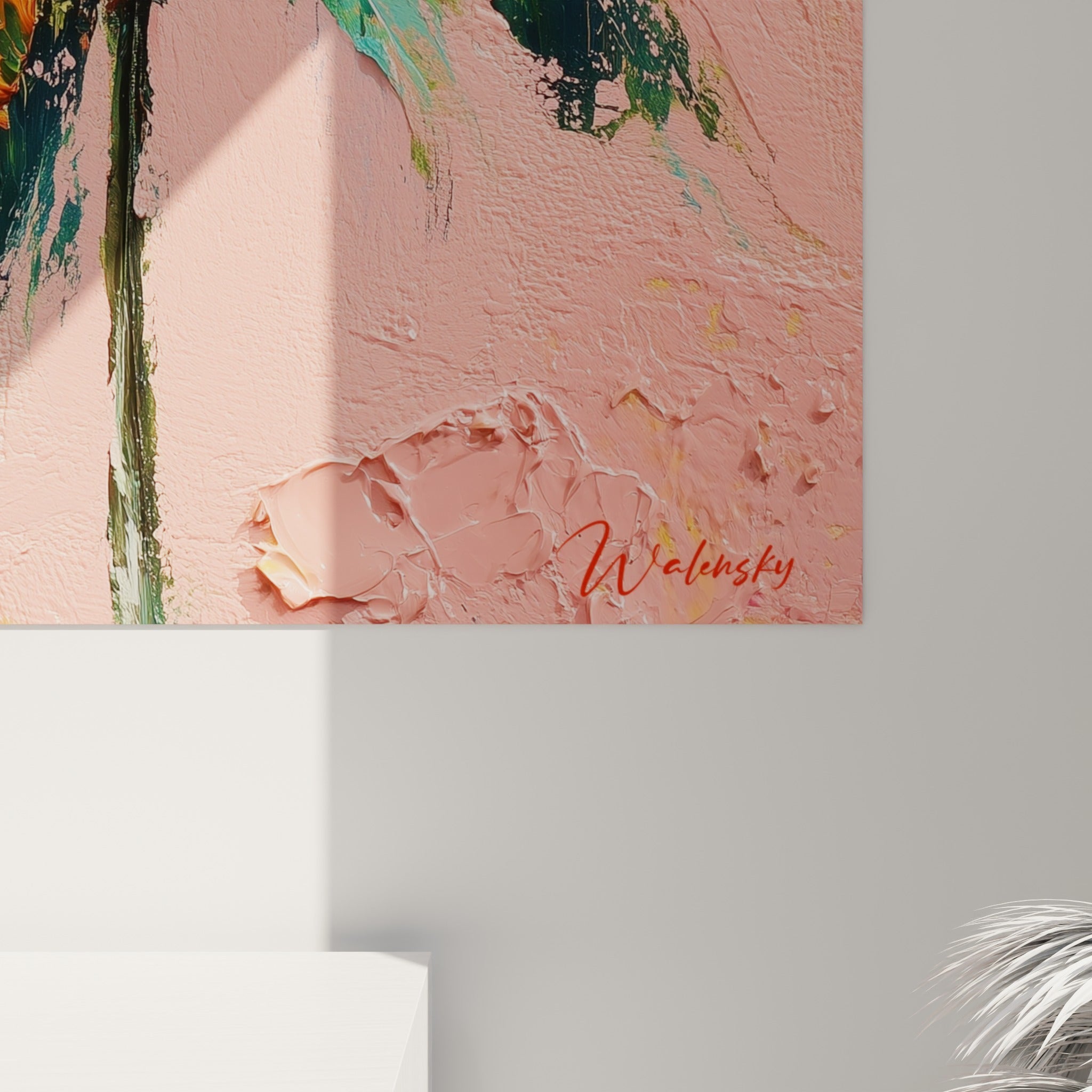 Empâtements épais en vert émeraude et orange brûlé visibles sur la toile du tableau palmier corail