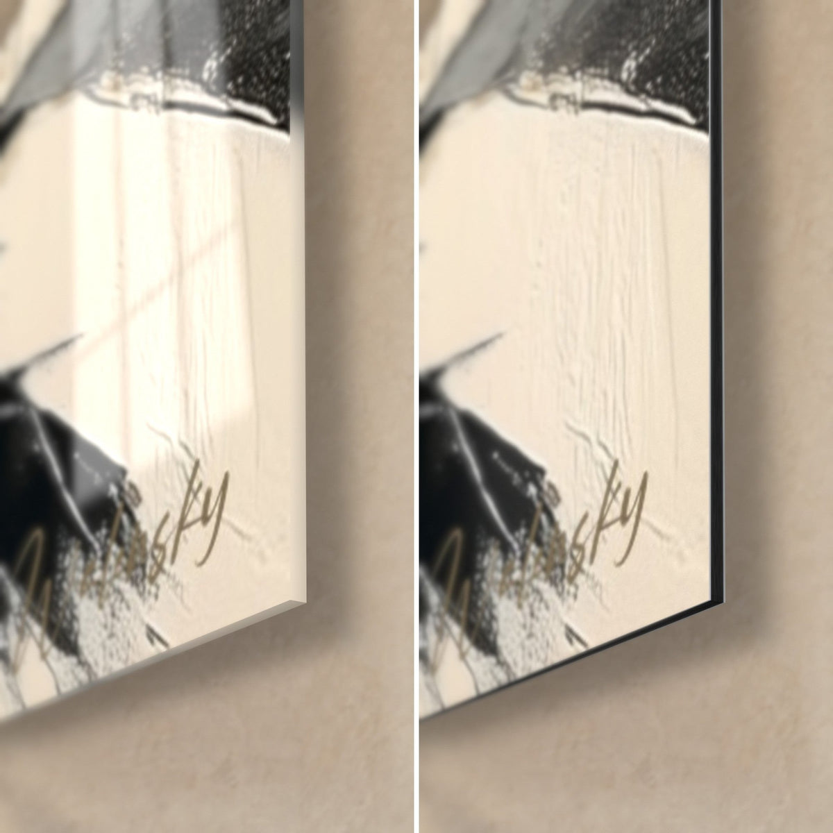 Gemälde schwarze Palmwedel auf Creme, untere rechte Ecke: glänzendes Acrylglas links, mattes schwarzes Dibond rechts, feine Kante